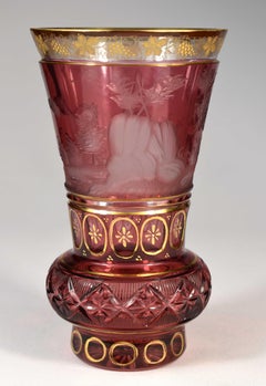 Ruby Goblet-Engraved-Cut and Gilded, Bohemian Glass