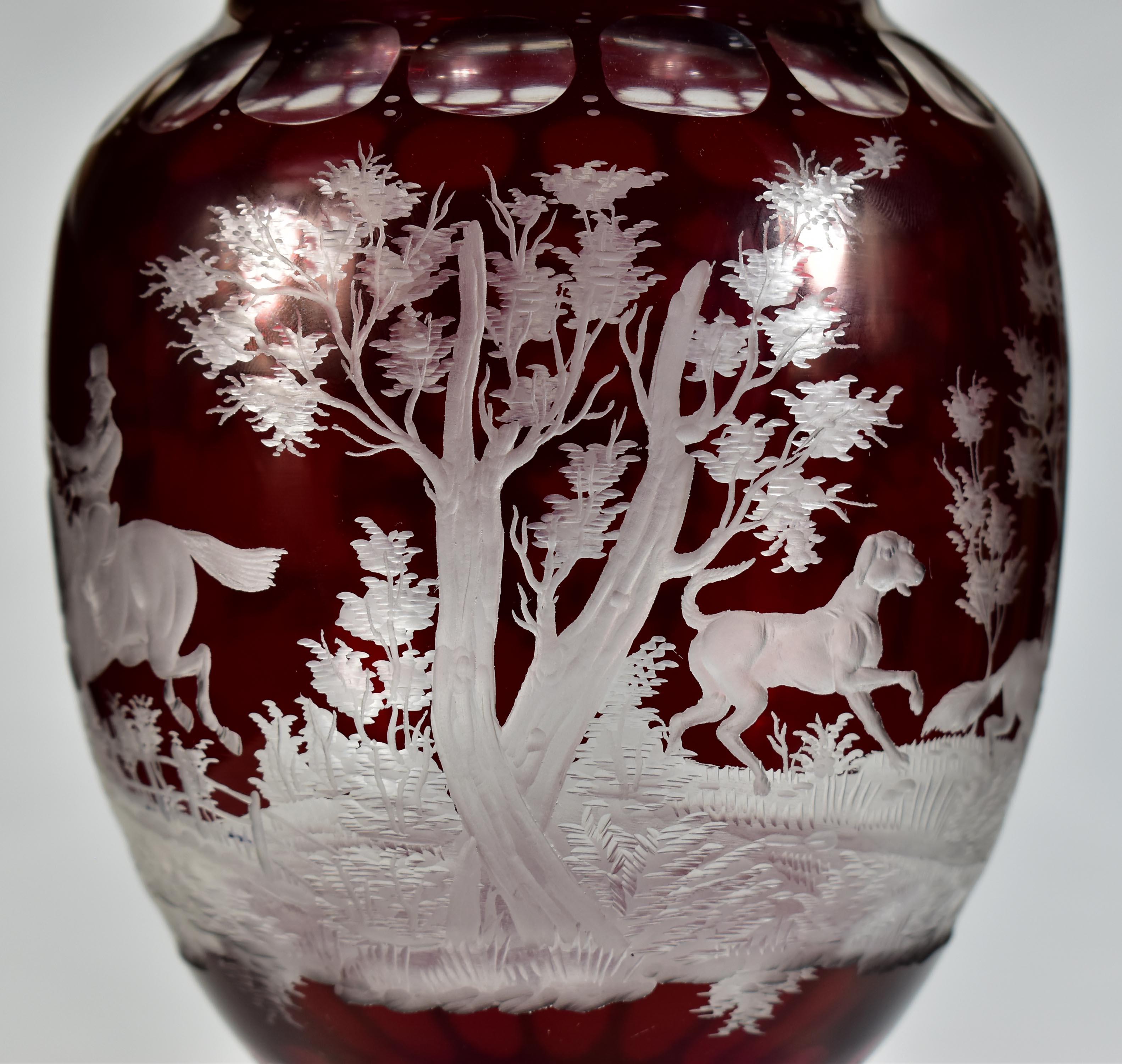 Ruby Goblet, Ruby Lazure Engraved Hunting Motif Bohemian Glass 20th century For Sale 3