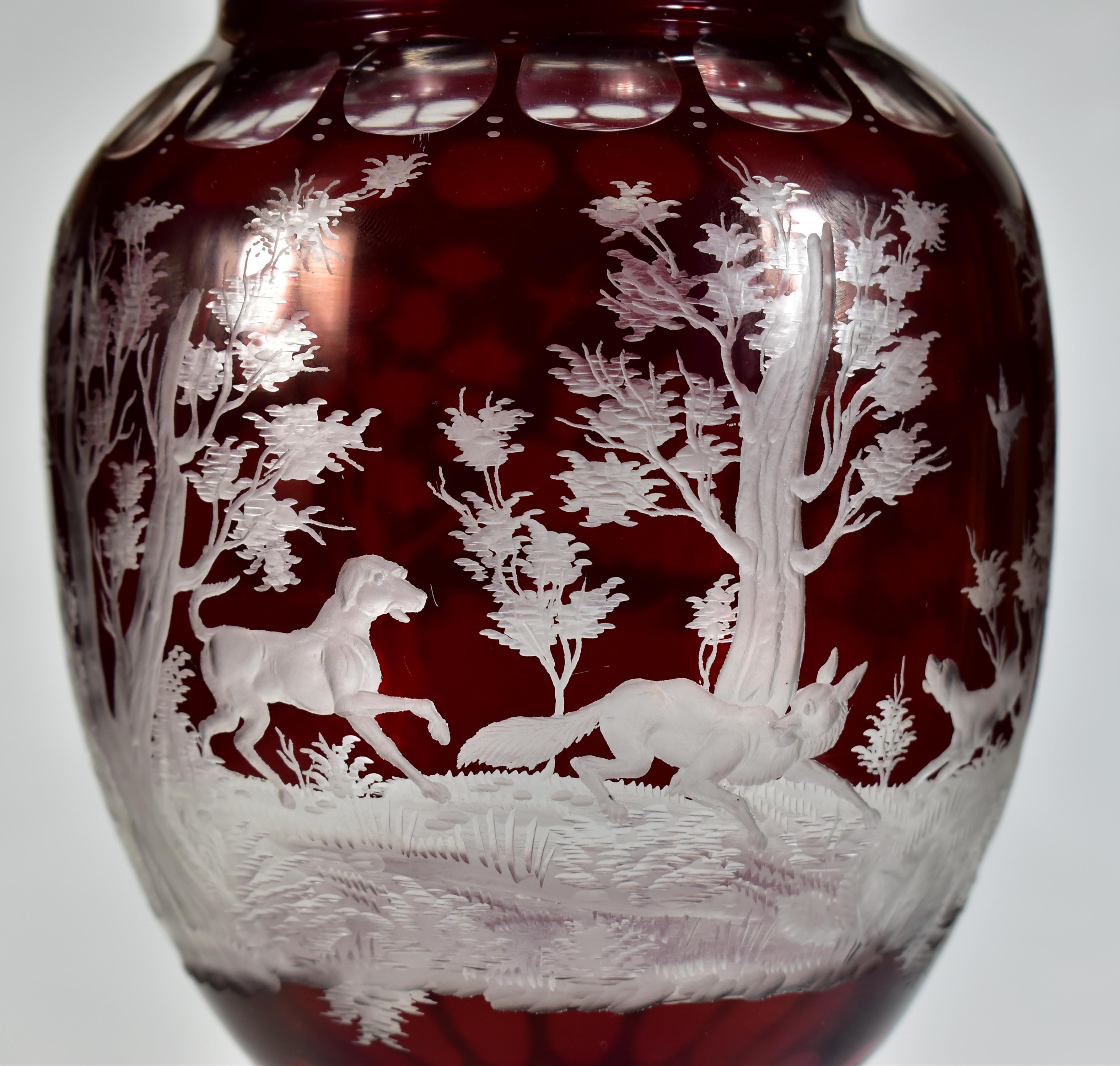 Ruby Goblet, Ruby Lazure Engraved Hunting Motif Bohemian Glass 20th century For Sale 4