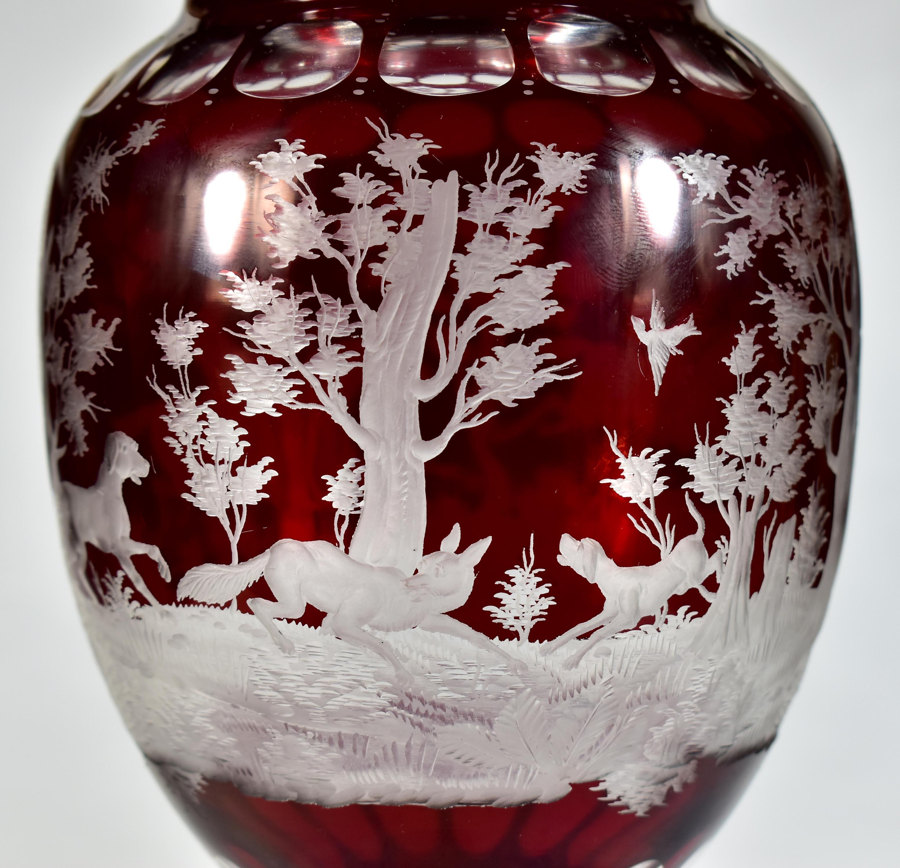 Ruby Goblet, Ruby Lazure Engraved Hunting Motif Bohemian Glass 20th century For Sale 5