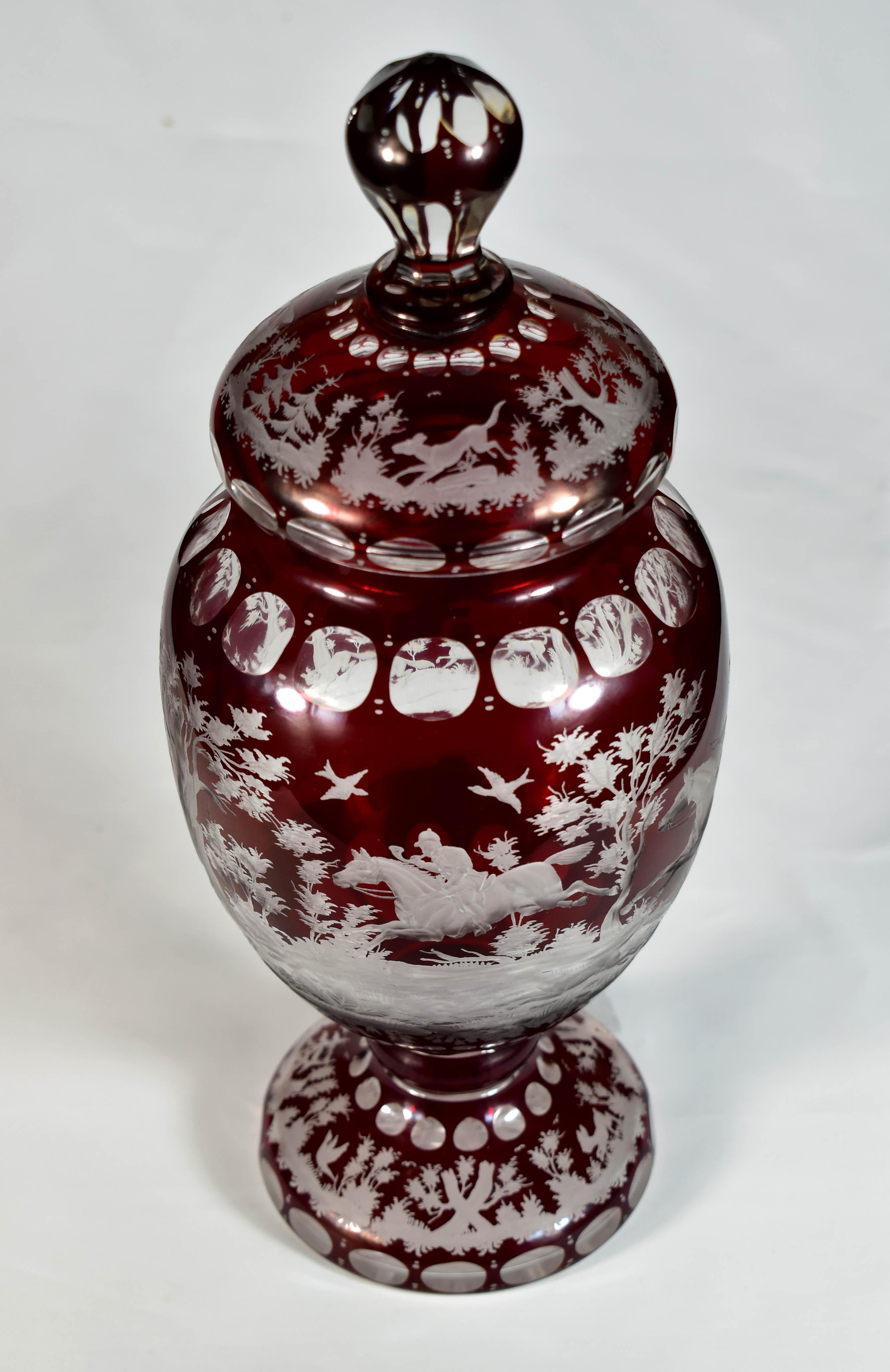 Ruby Goblet, Ruby Lazure Engraved Hunting Motif Bohemian Glass 20th century For Sale 7