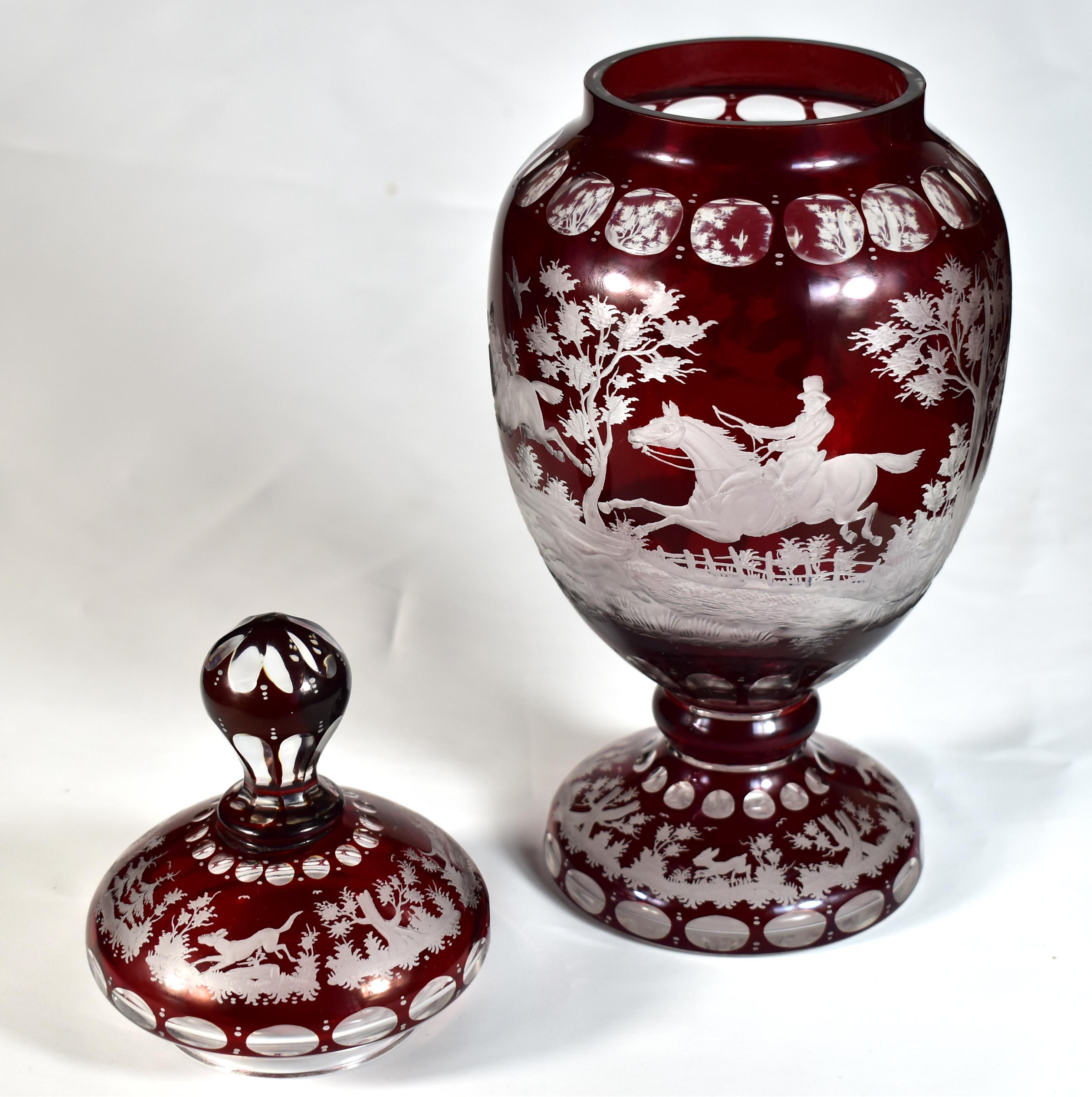 Ruby Goblet, Ruby Lazure Engraved Hunting Motif Bohemian Glass 20th century For Sale 8