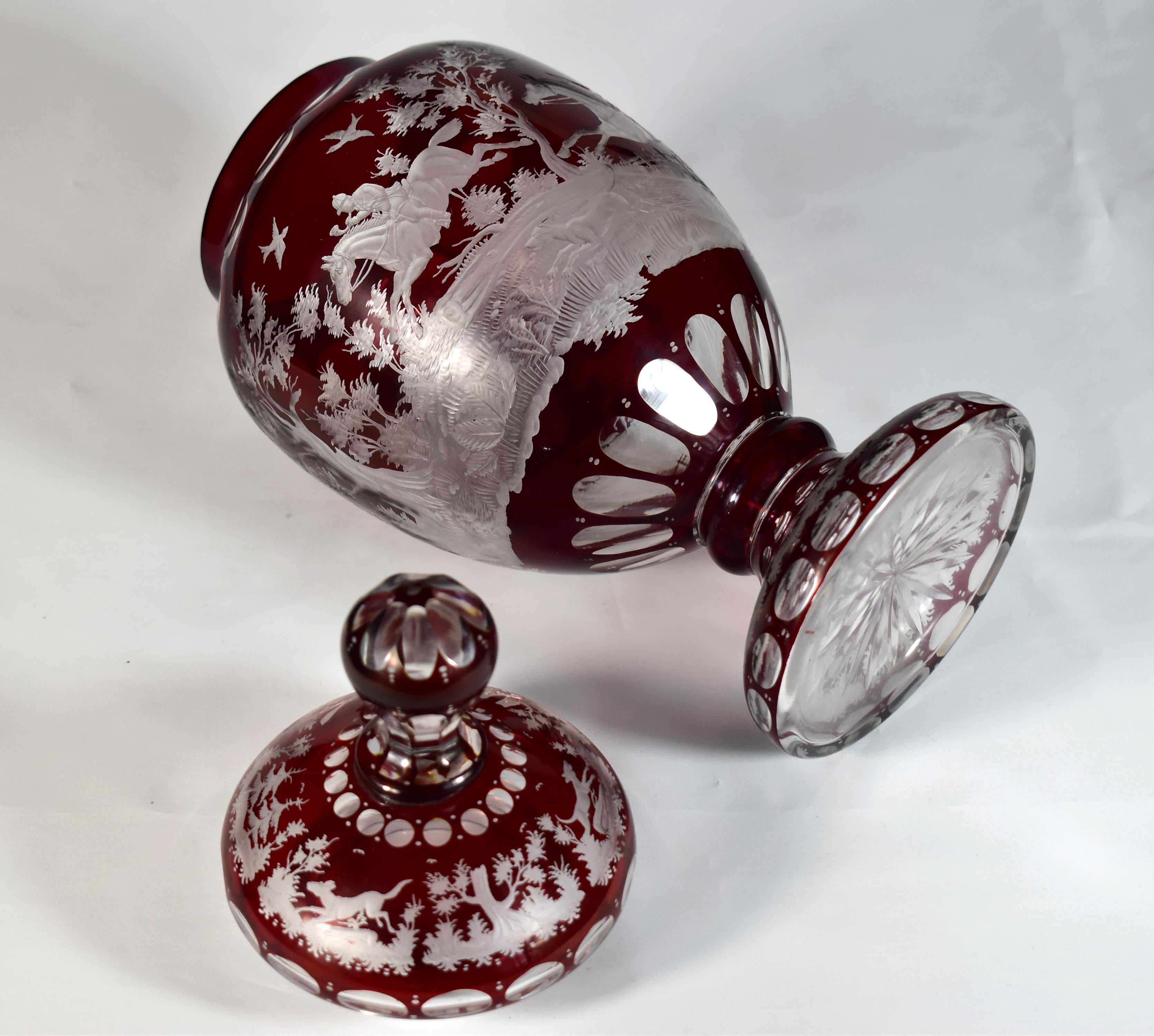 Ruby Goblet, Ruby Lazure Engraved Hunting Motif Bohemian Glass 20th century For Sale 10