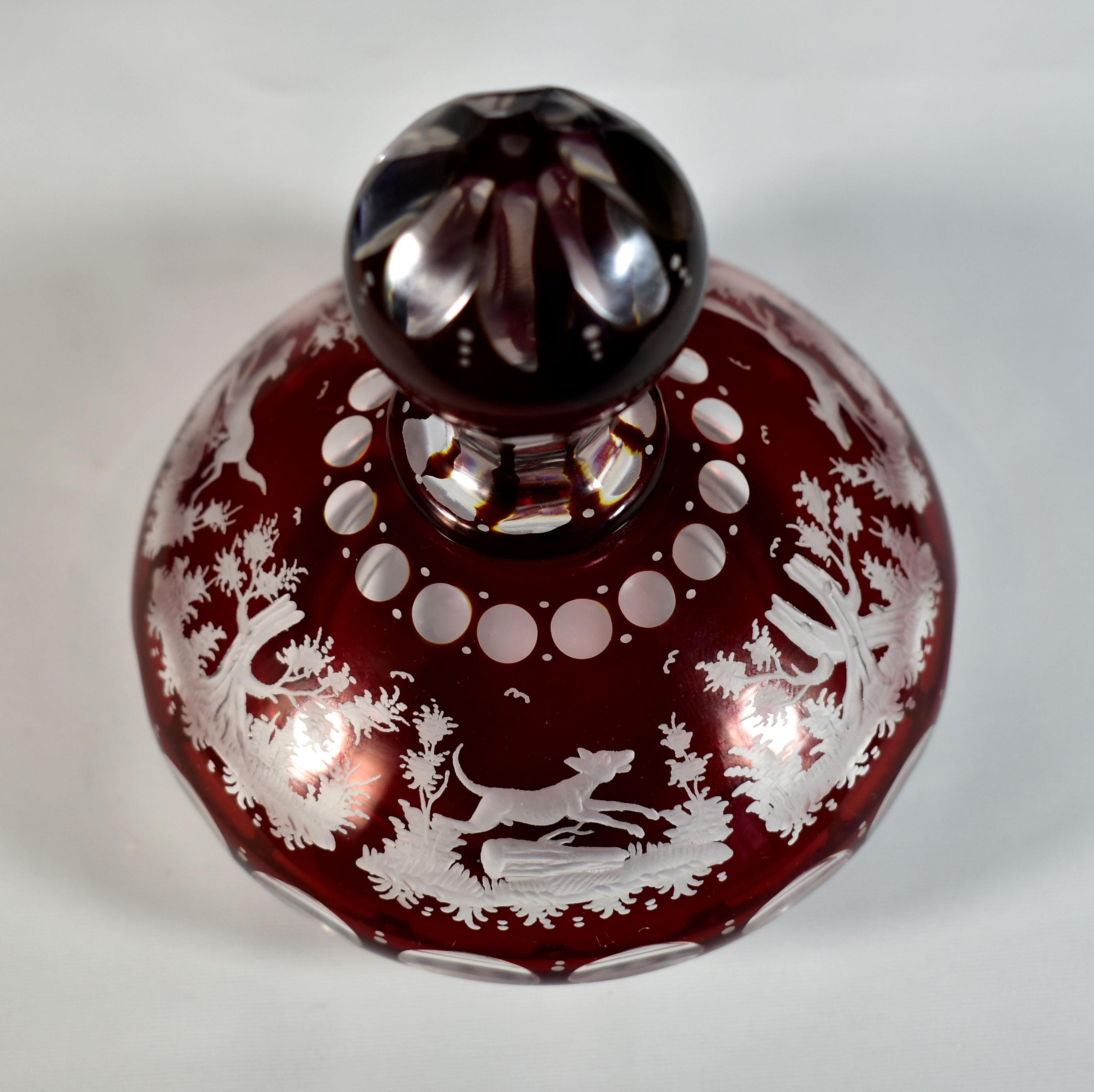 Ruby Goblet, Ruby Lazure Engraved Hunting Motif Bohemian Glass 20th century For Sale 11