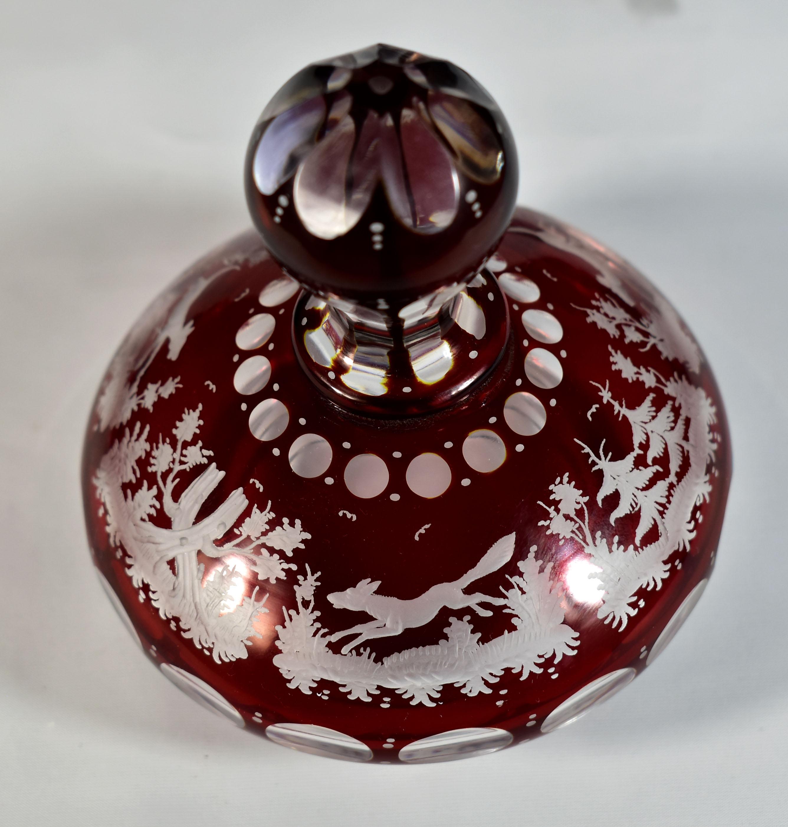 Ruby Goblet, Ruby Lazure Engraved Hunting Motif Bohemian Glass 20th century For Sale 12