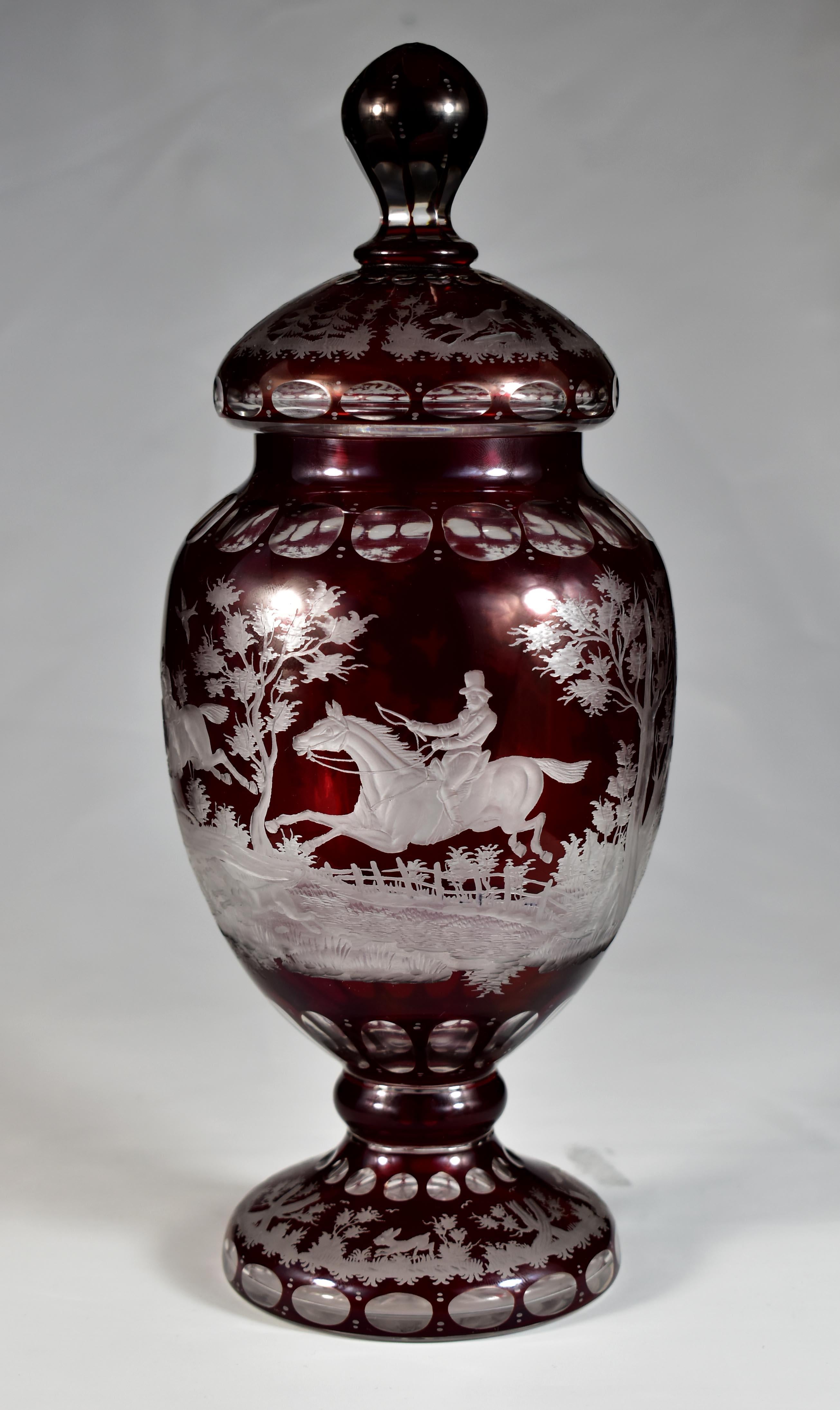 European Ruby Goblet, Ruby Lazure Engraved Hunting Motif Bohemian Glass 20th century For Sale