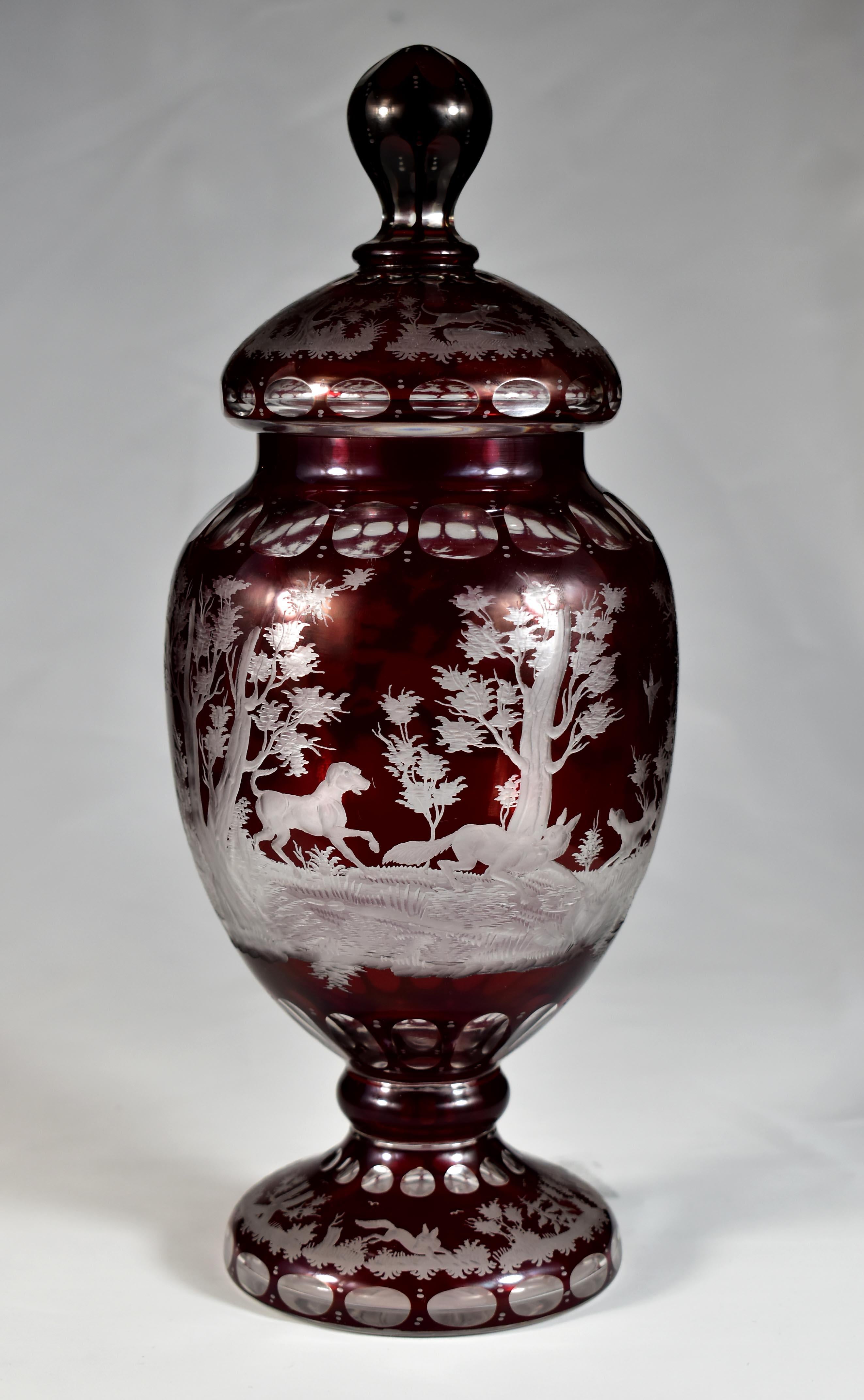Hand-Crafted Ruby Goblet, Ruby Lazure Engraved Hunting Motif Bohemian Glass 20th century For Sale