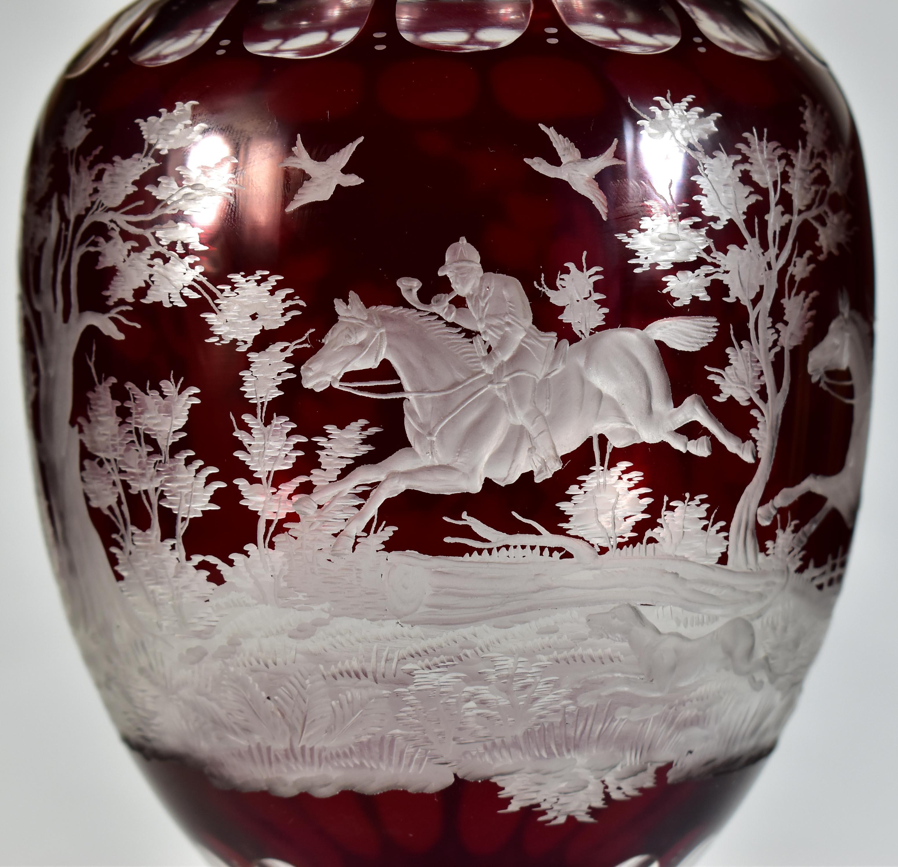 20th Century Ruby Goblet, Ruby Lazure Engraved Hunting Motif Bohemian Glass 20th century For Sale