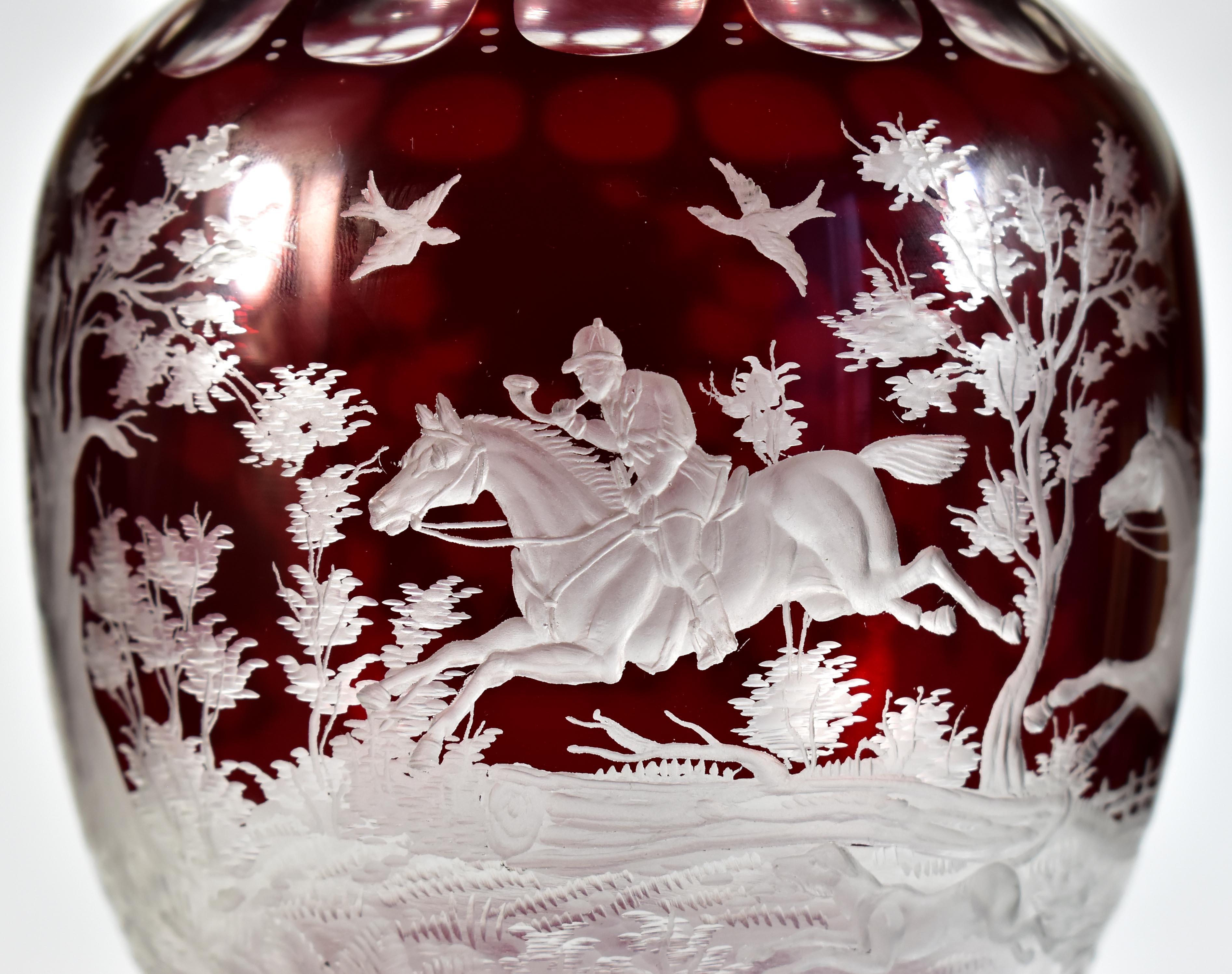 Art Glass Ruby Goblet, Ruby Lazure Engraved Hunting Motif Bohemian Glass 20th century For Sale