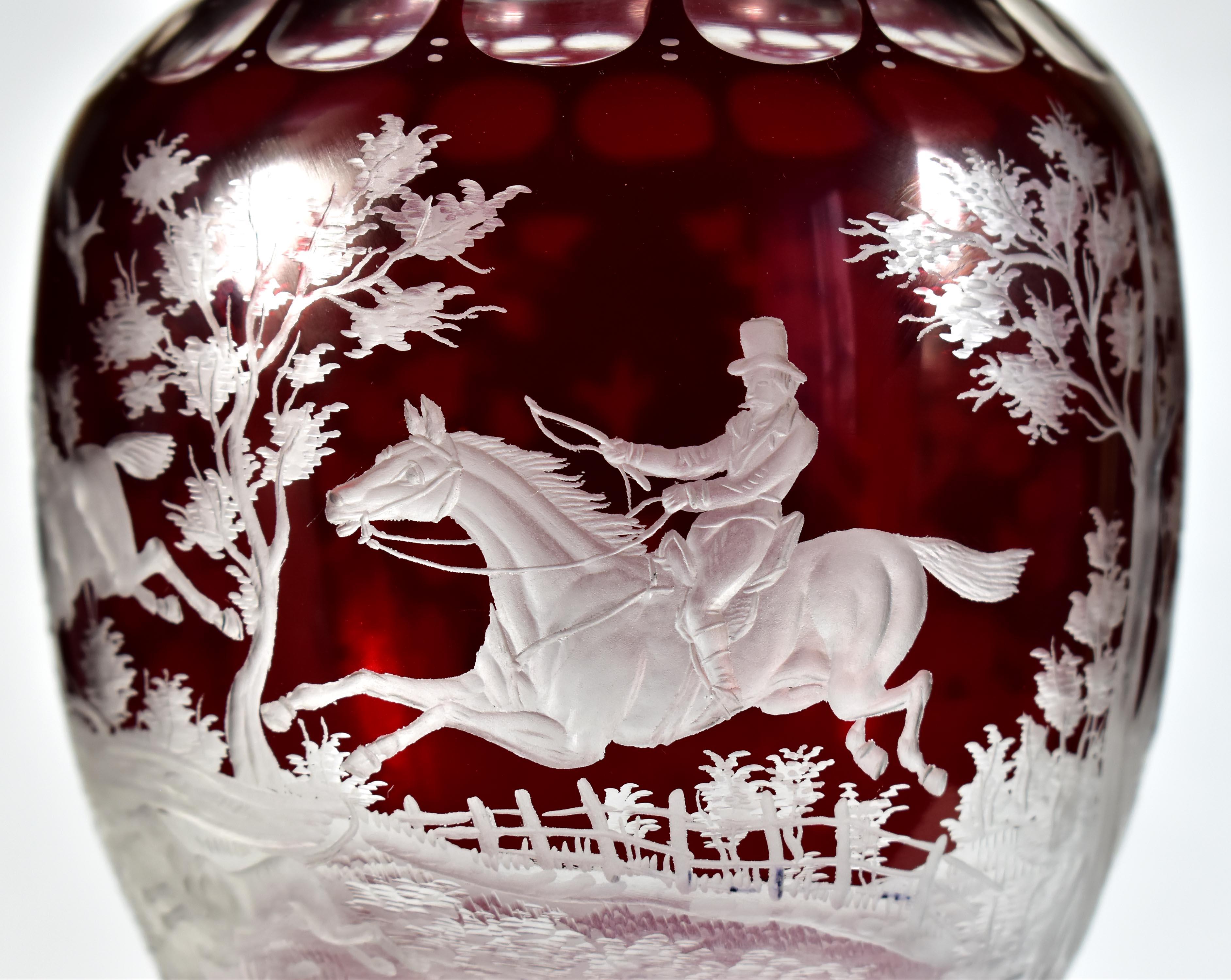 Ruby Goblet, Ruby Lazure Engraved Hunting Motif Bohemian Glass 20th century For Sale 1