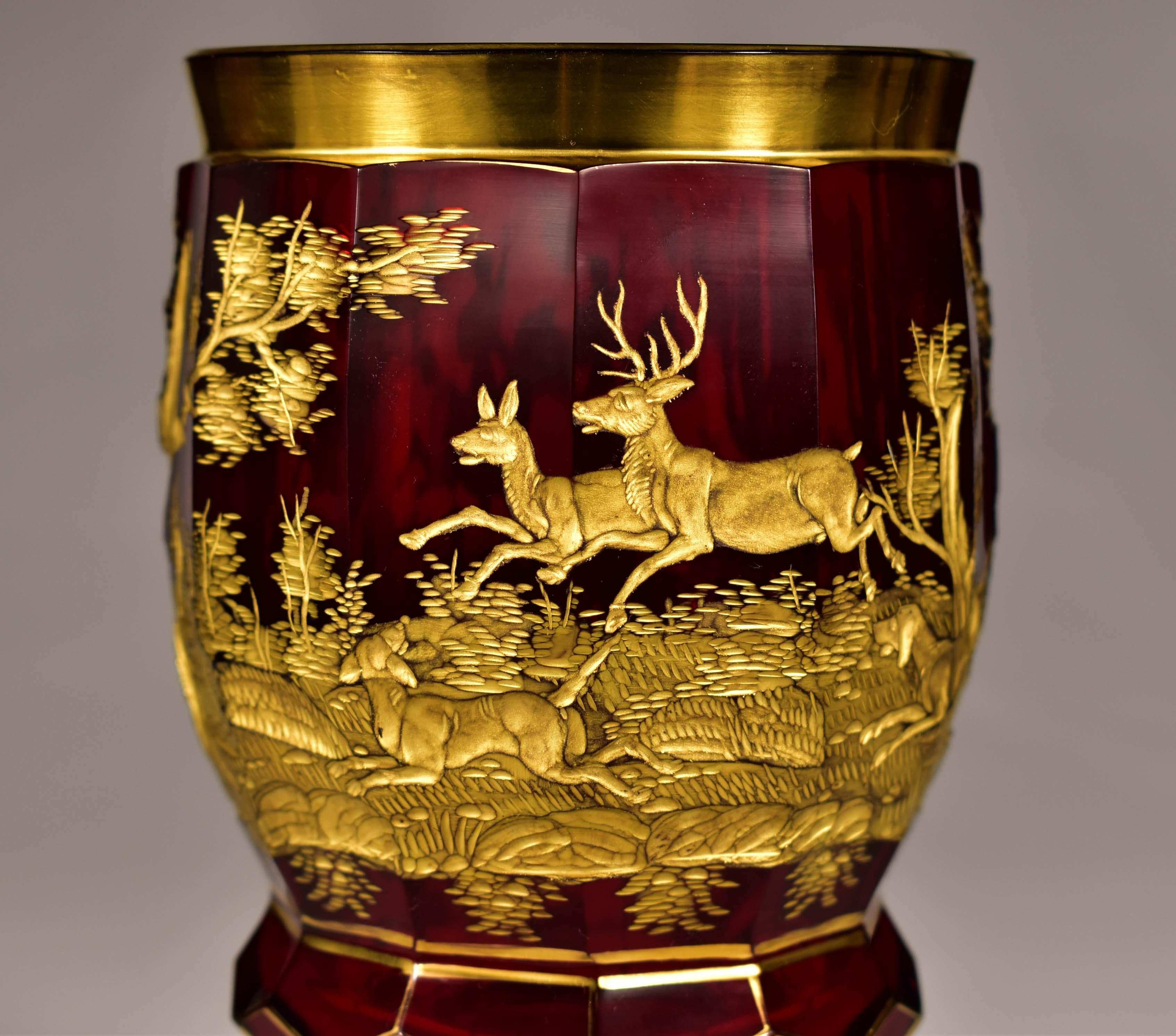 Ruby Goblet with Gilt Engraving, Hunting Motif, 19-20 century For Sale 3