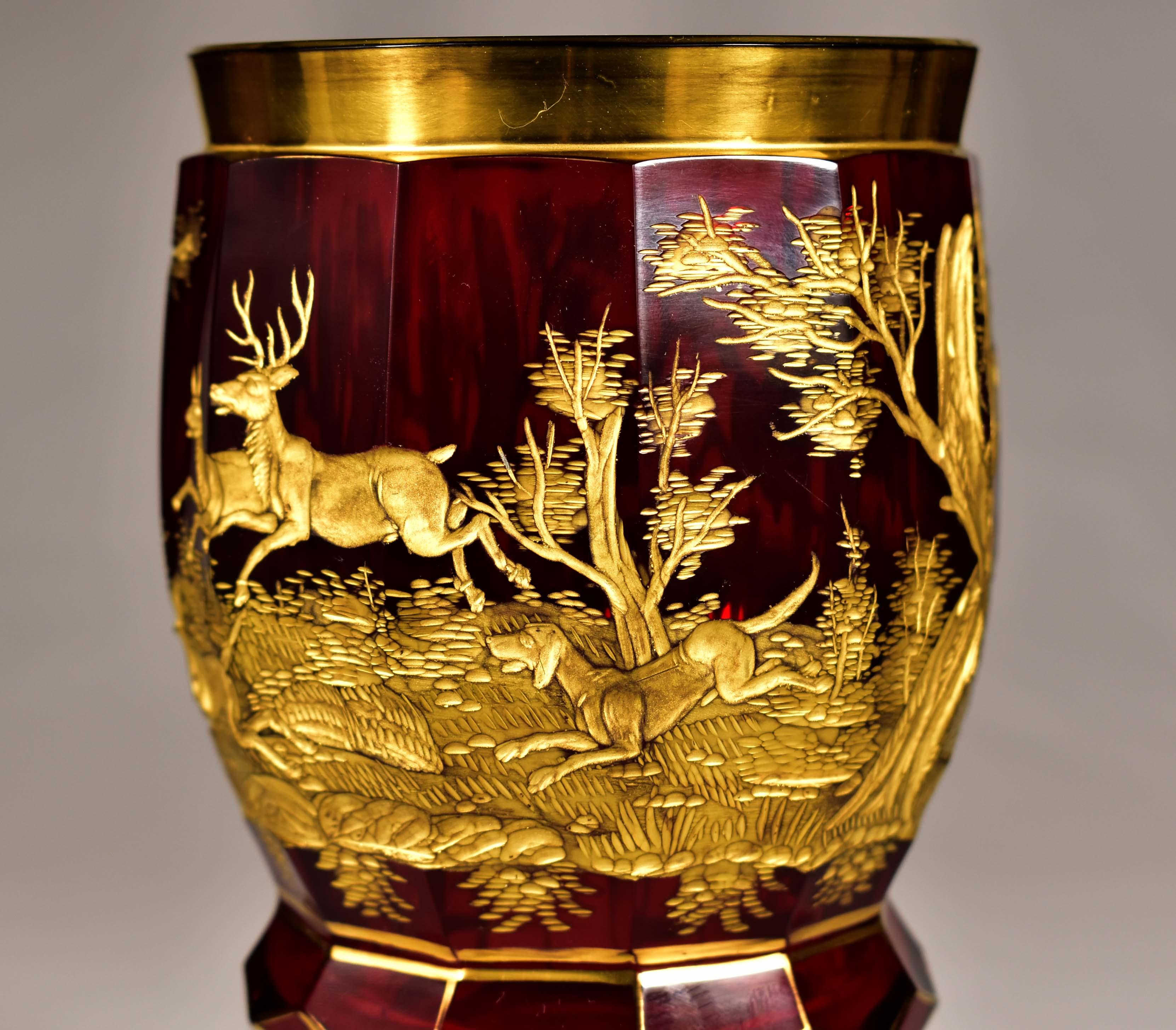 Ruby Goblet with Gilt Engraving, Hunting Motif, 19-20 century For Sale 4