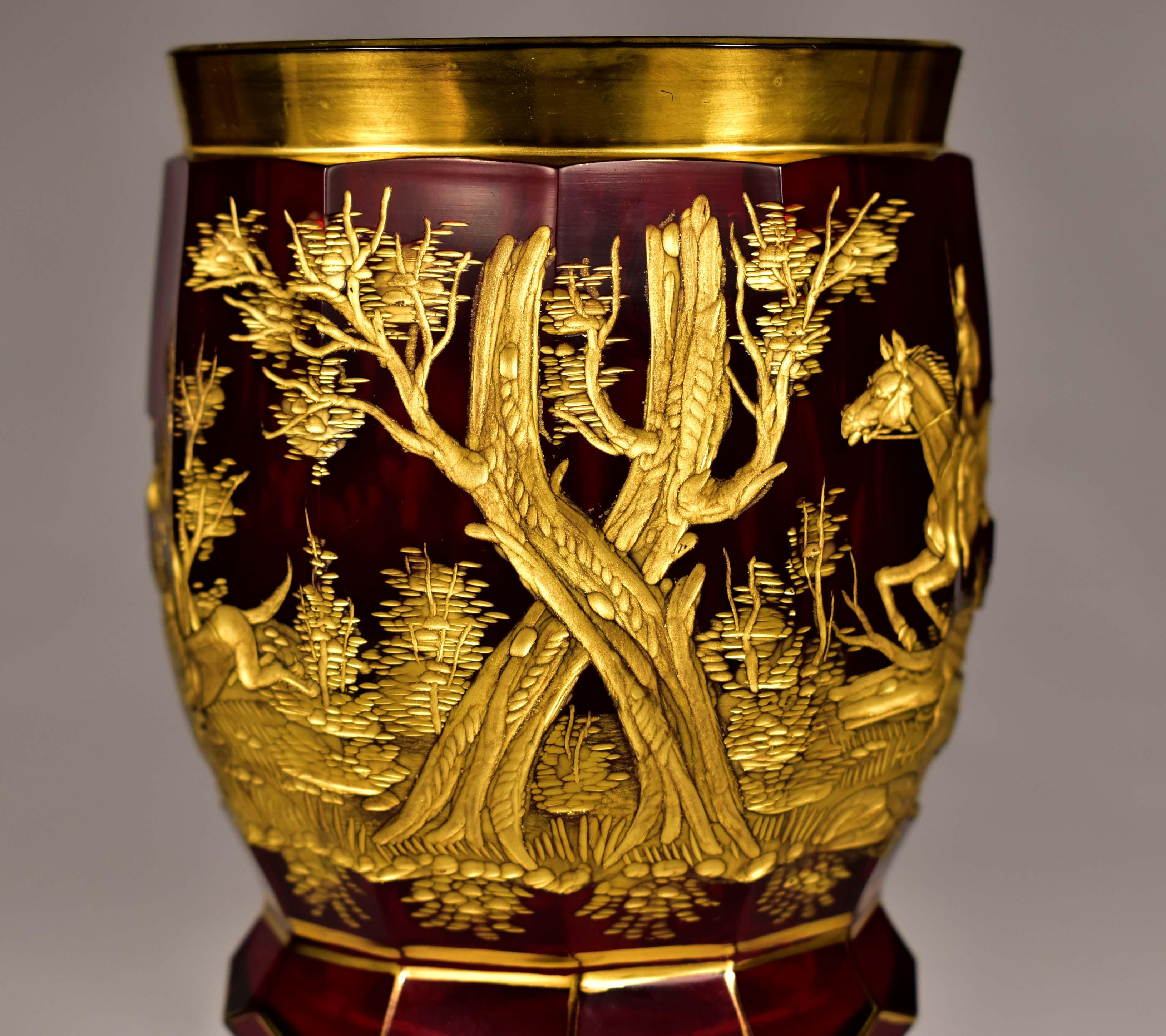 Ruby Goblet with Gilt Engraving, Hunting Motif, 19-20 century For Sale 5