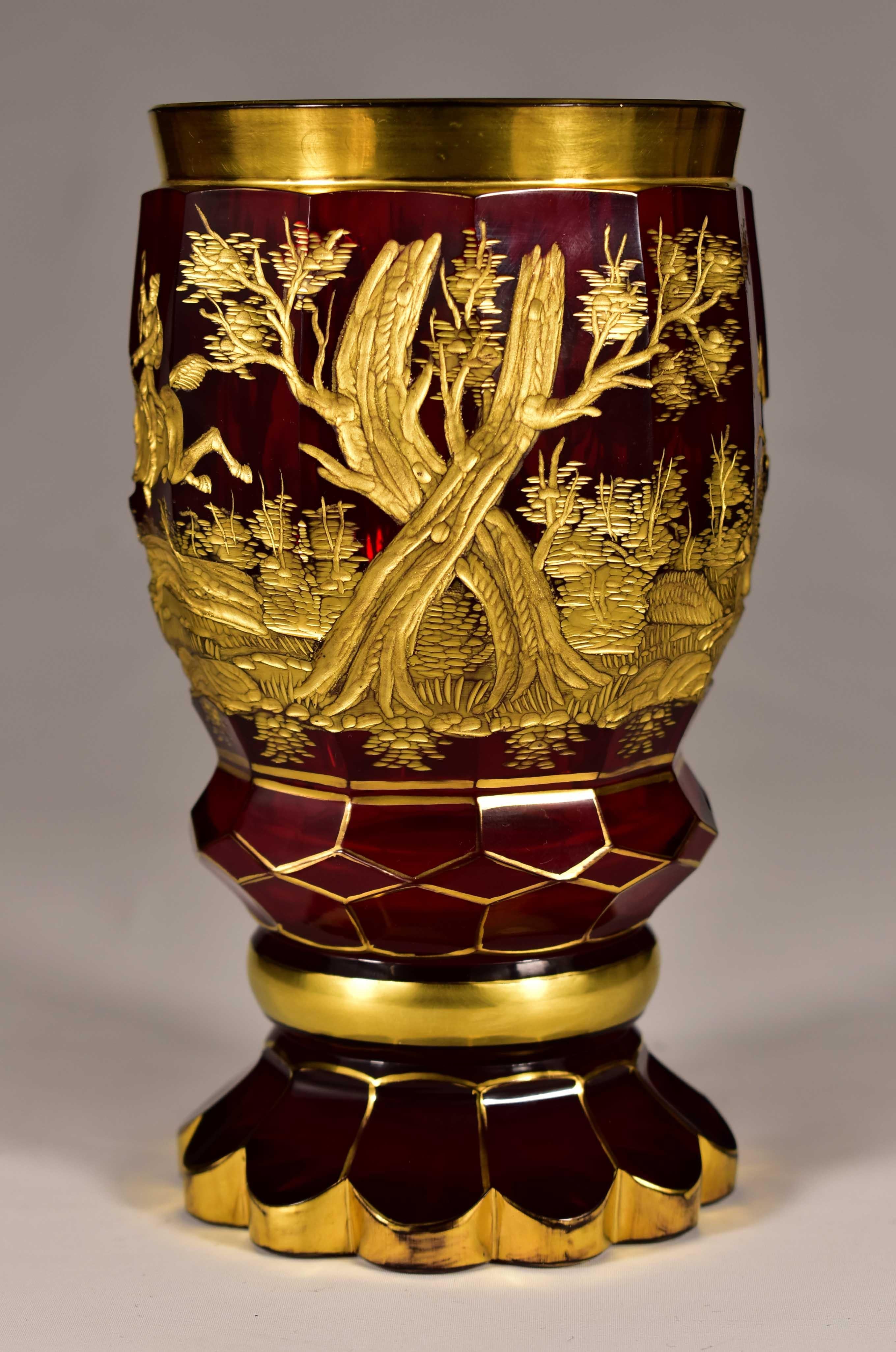 Biedermeier Ruby Goblet with Gilt Engraving, Hunting Motif, 19-20 century For Sale