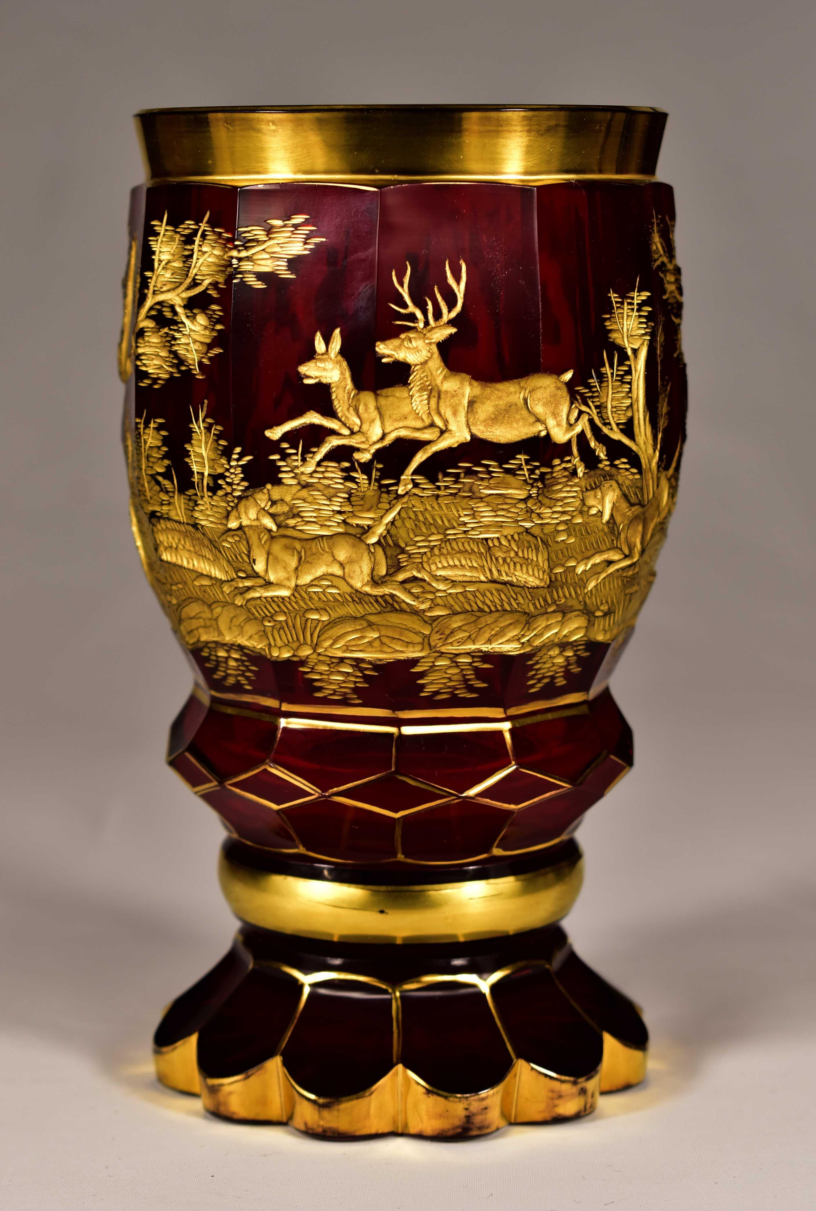 Hand-Crafted Ruby Goblet with Gilt Engraving, Hunting Motif, 19-20 century For Sale