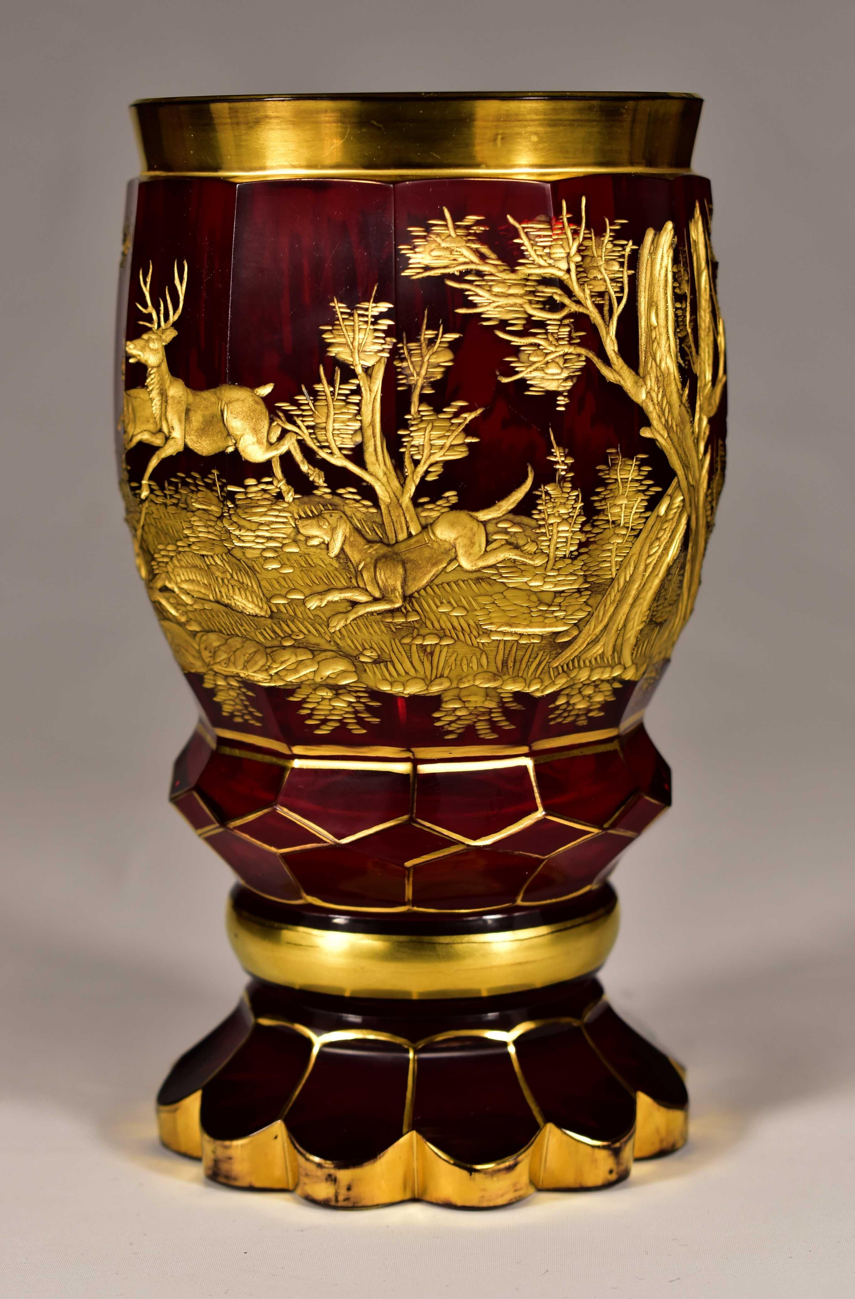 Ruby Goblet with Gilt Engraving, Hunting Motif, 19-20 century In Good Condition For Sale In Nový Bor, CZ