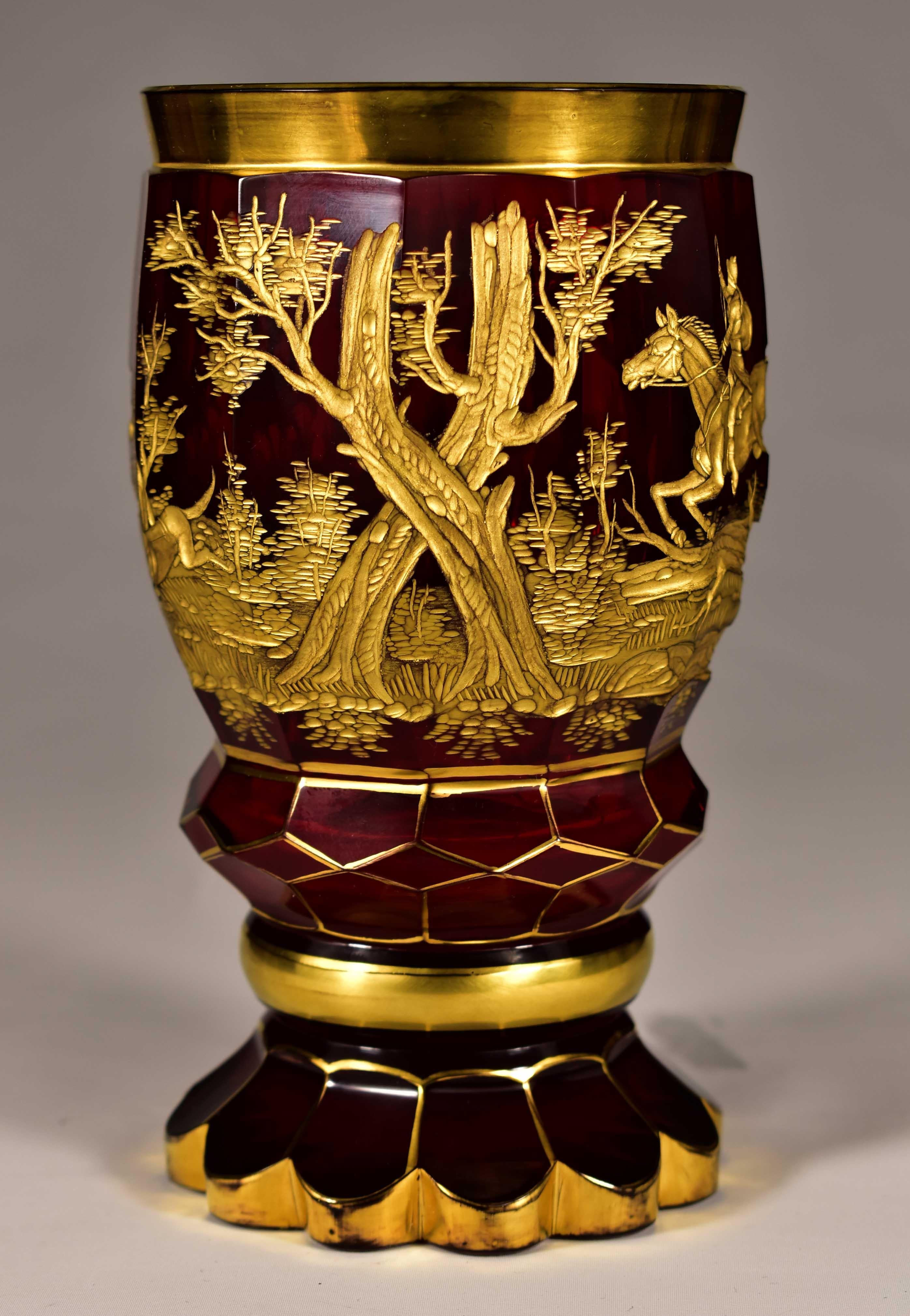 Late 19th Century Ruby Goblet with Gilt Engraving, Hunting Motif, 19-20 century For Sale