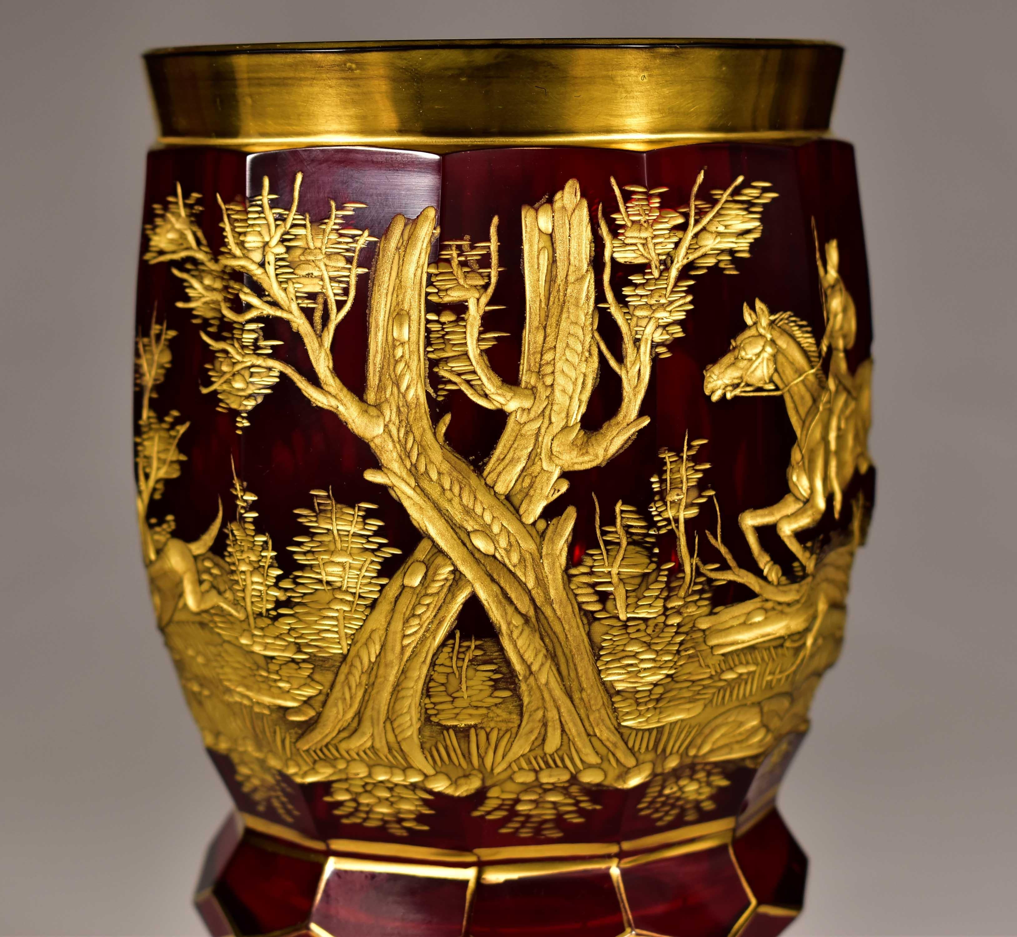 Glass Ruby Goblet with Gilt Engraving, Hunting Motif, 19-20 century For Sale
