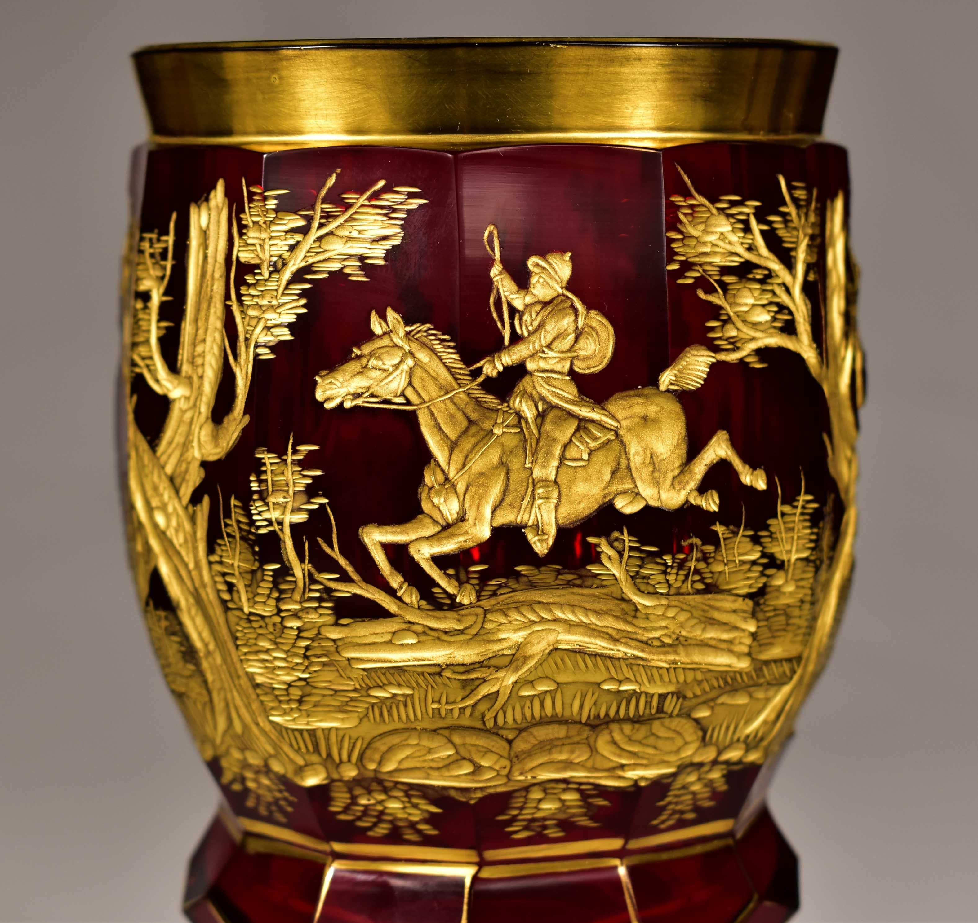 Ruby Goblet with Gilt Engraving, Hunting Motif, 19-20 century For Sale 1
