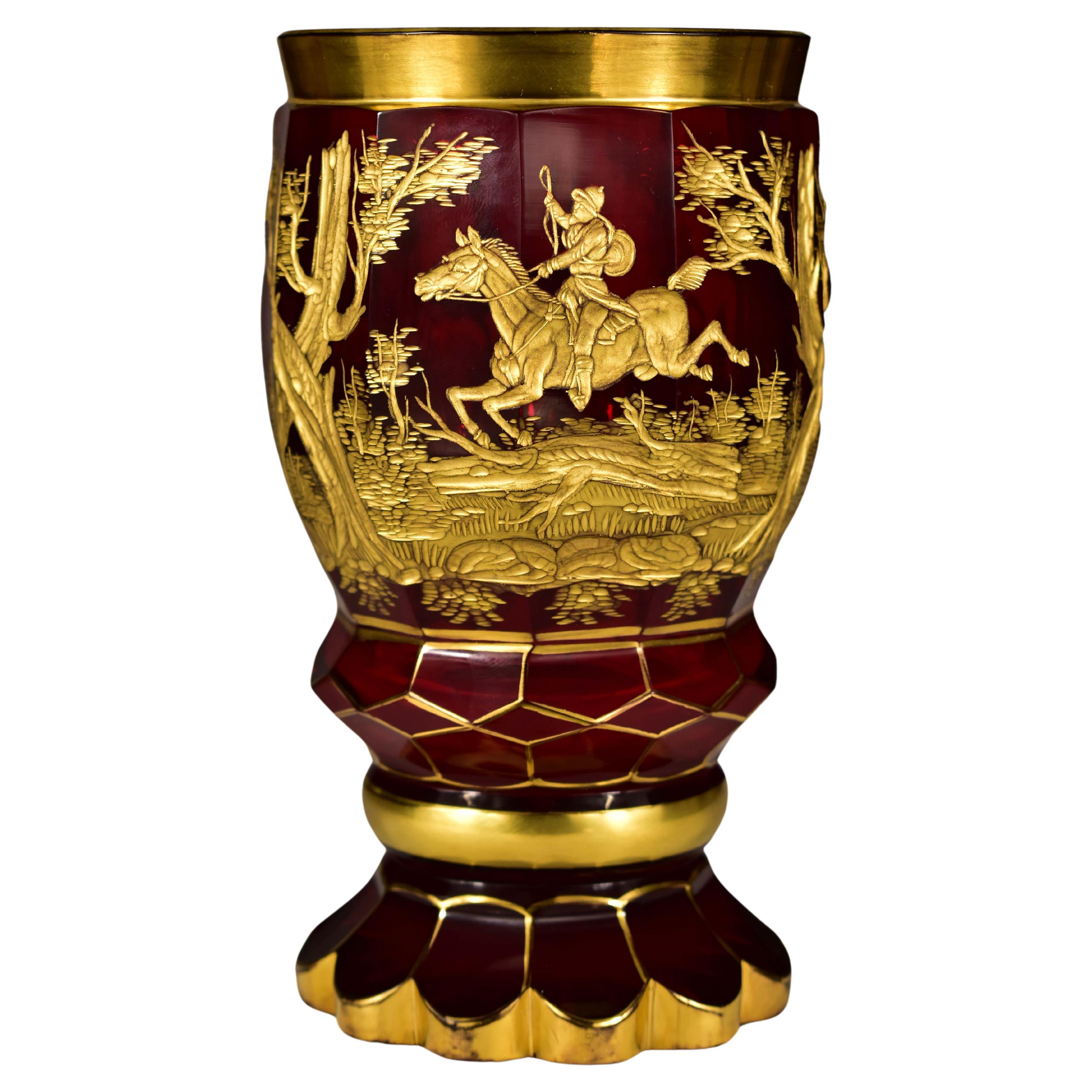 Ruby Goblet with Gilt Engraving, Hunting Motif, 19-20 century For Sale