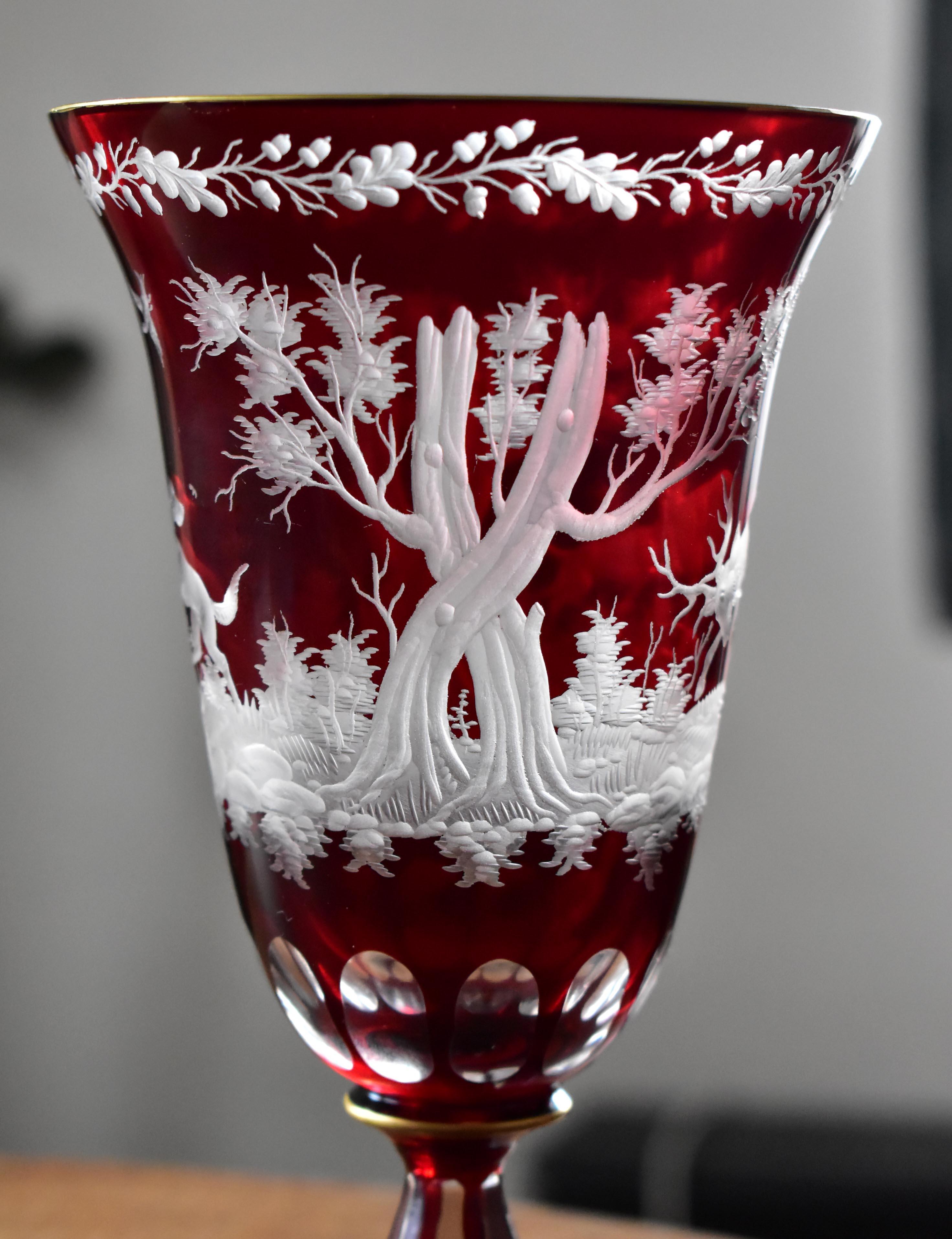 Ruby Goblet with Plate Engraved Hunting Motif Bohemian Glass For Sale 5