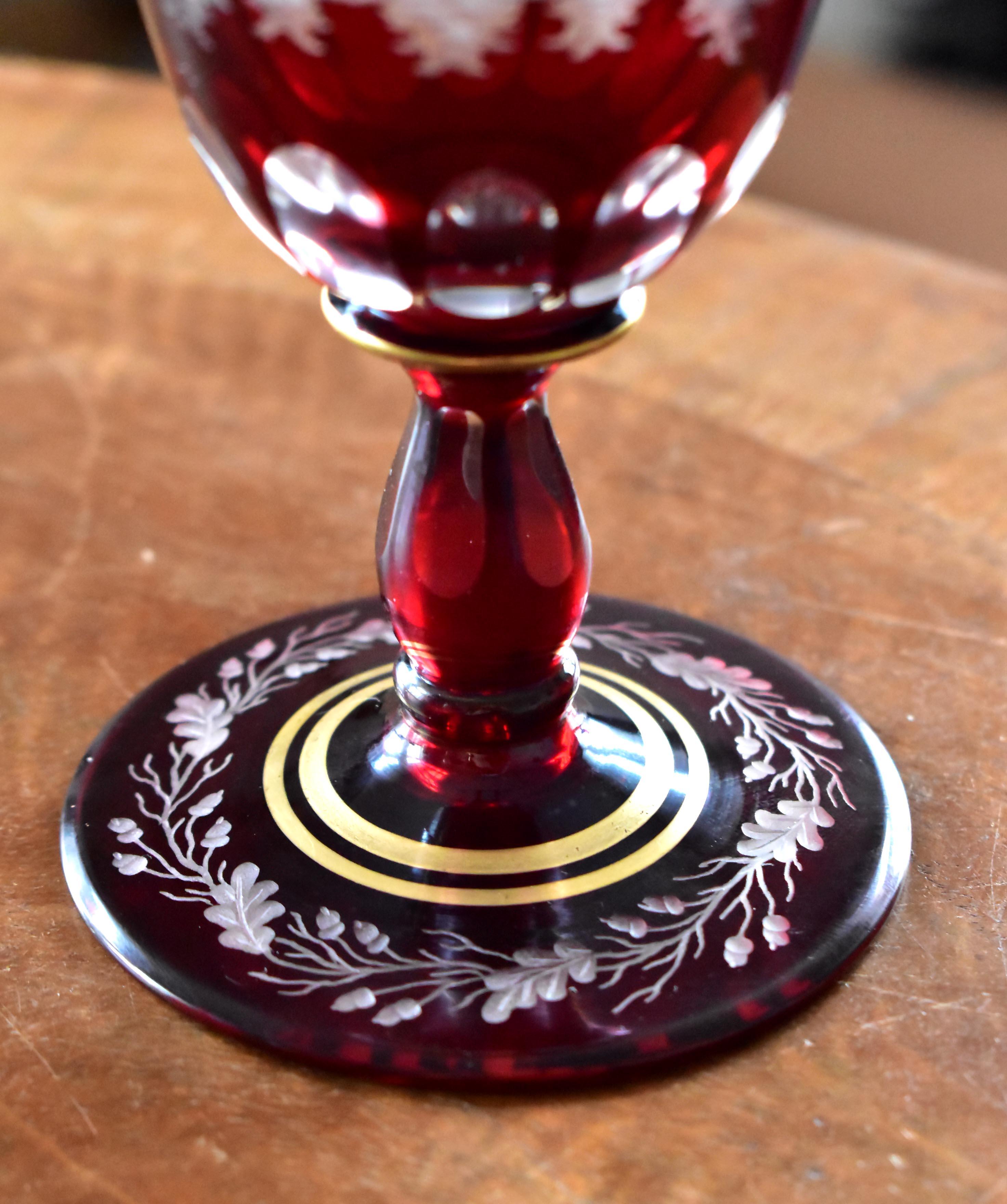 Ruby Goblet with Plate Engraved Hunting Motif Bohemian Glass For Sale 6