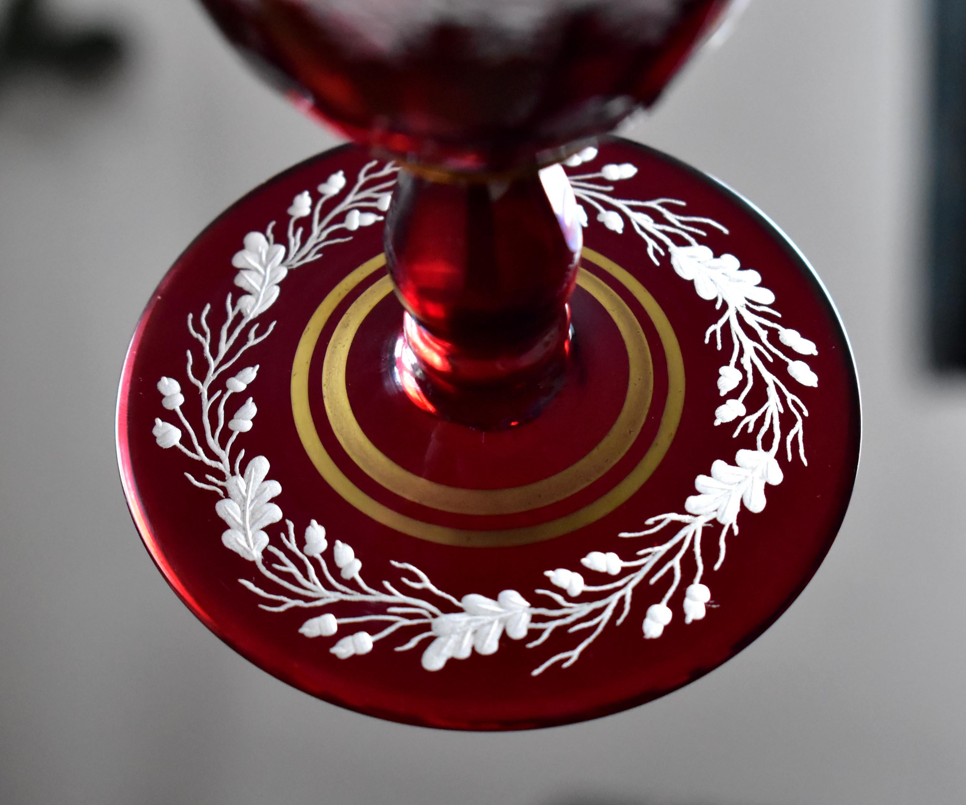 Ruby Goblet with Plate Engraved Hunting Motif Bohemian Glass For Sale 7