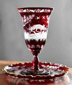 Ruby Goblet with Plate Engraved Hunting Motif Bohemian Glass