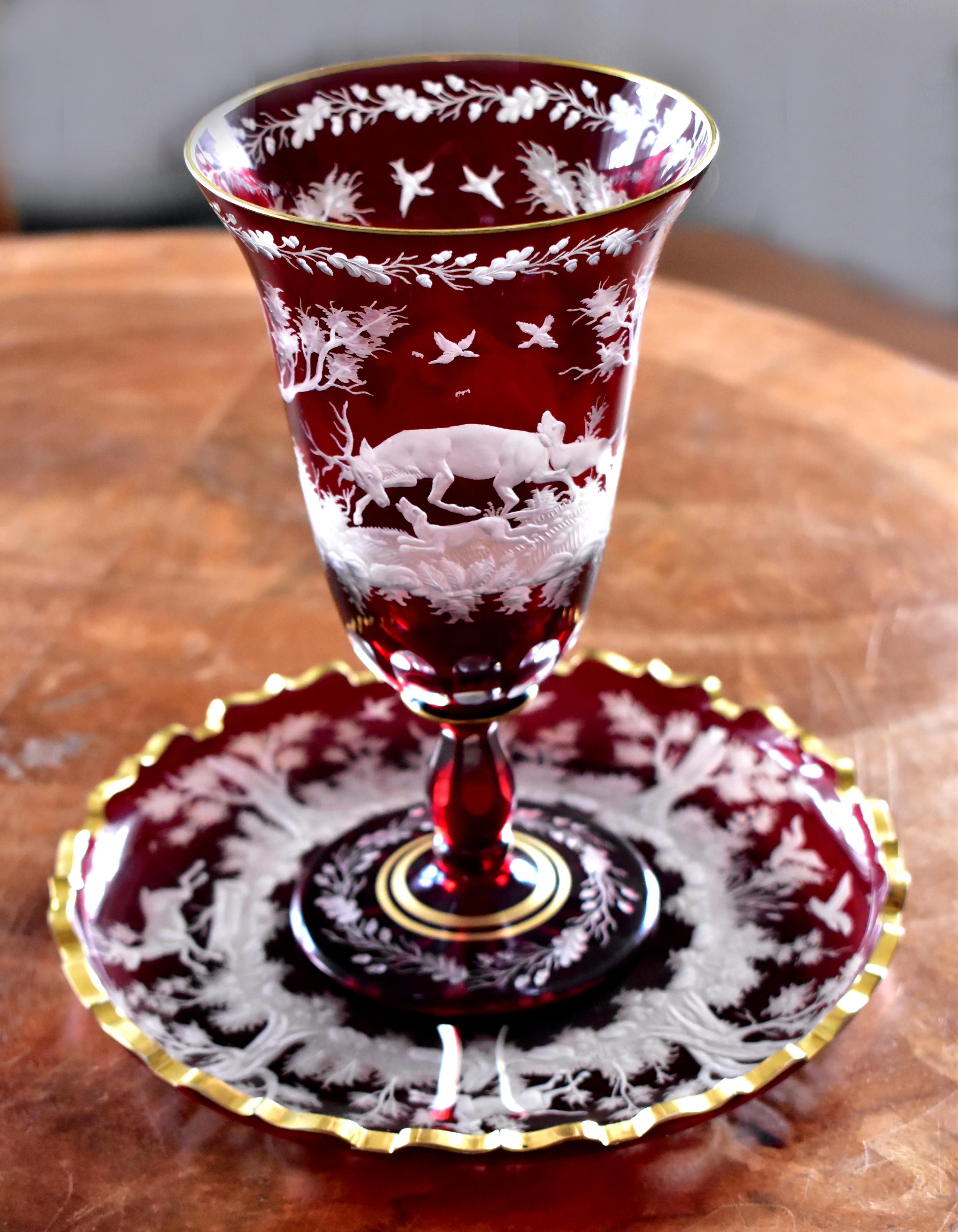 Hand-Crafted Ruby Goblet with Plate Engraved Hunting Motif Bohemian Glass For Sale