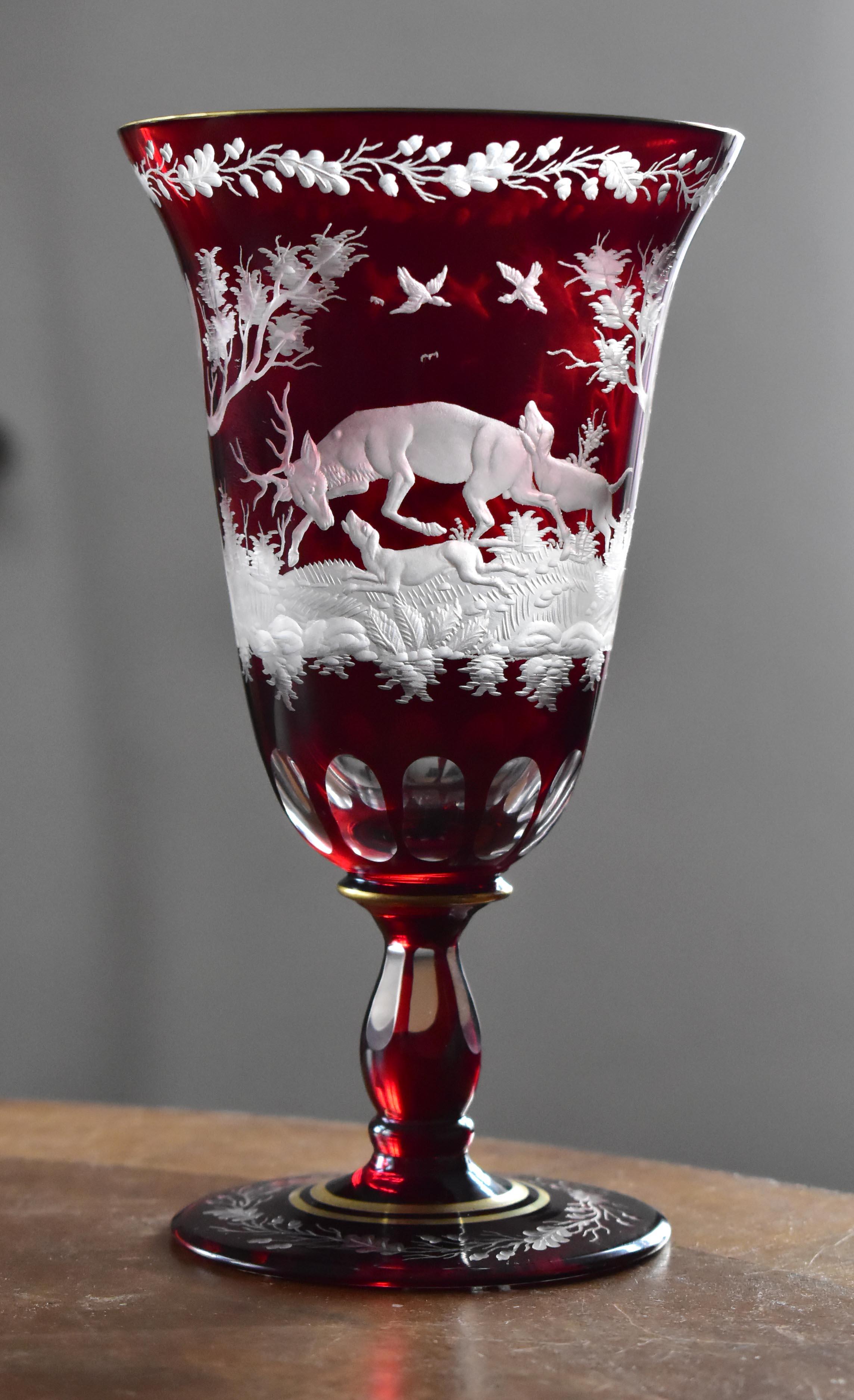Ruby Goblet with Plate Engraved Hunting Motif Bohemian Glass In Good Condition For Sale In Nový Bor, CZ