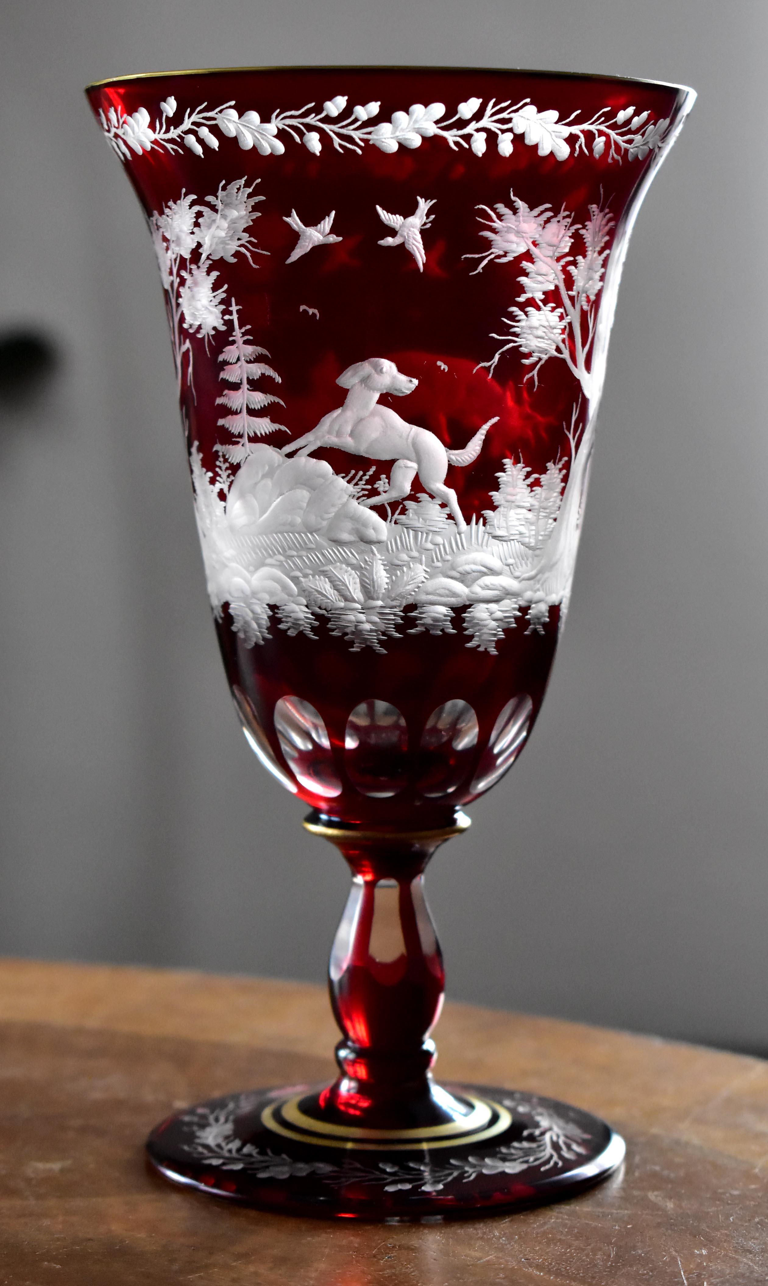 20th Century Ruby Goblet with Plate Engraved Hunting Motif Bohemian Glass For Sale