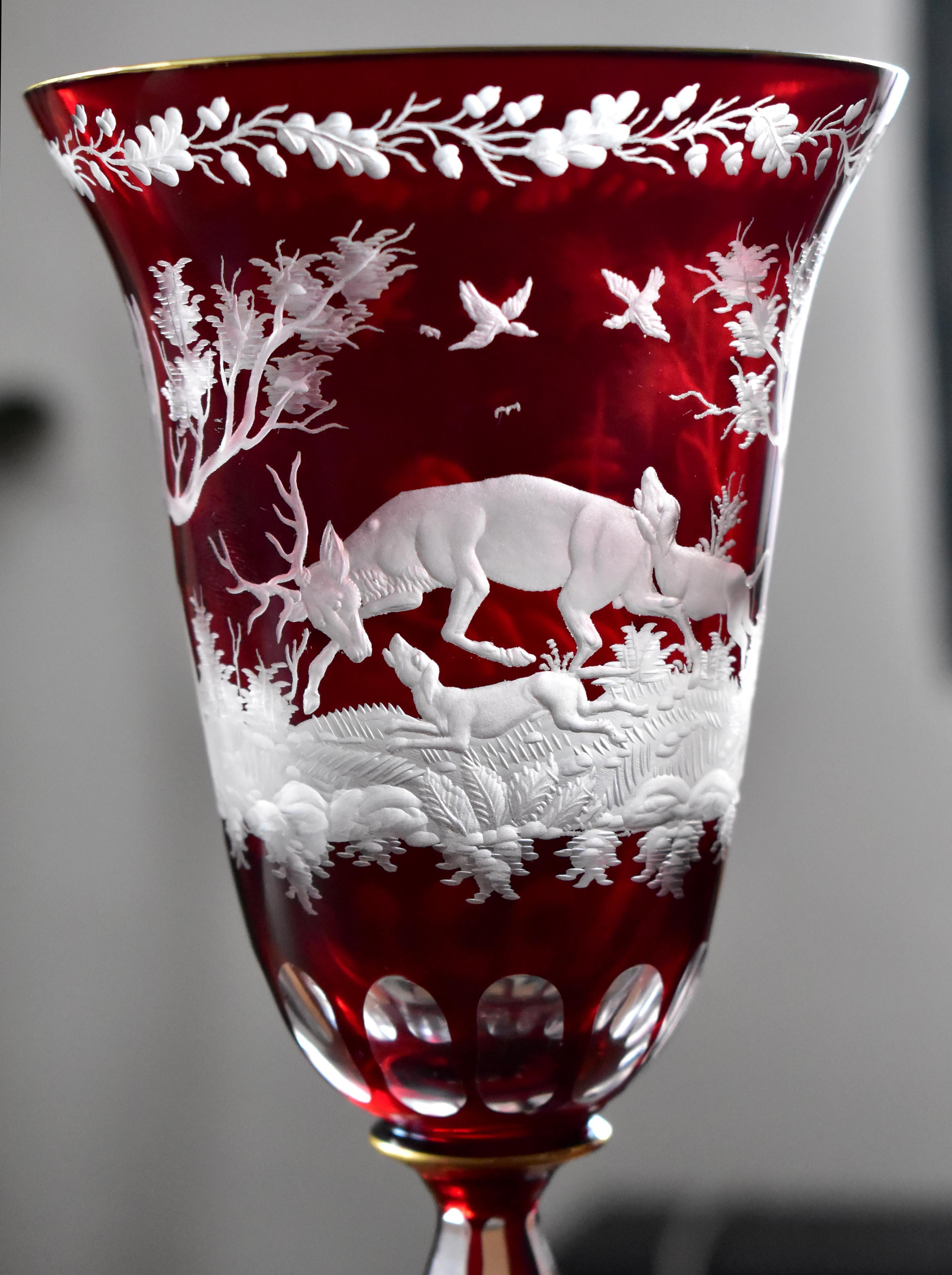 Ruby Goblet with Plate Engraved Hunting Motif Bohemian Glass For Sale 1