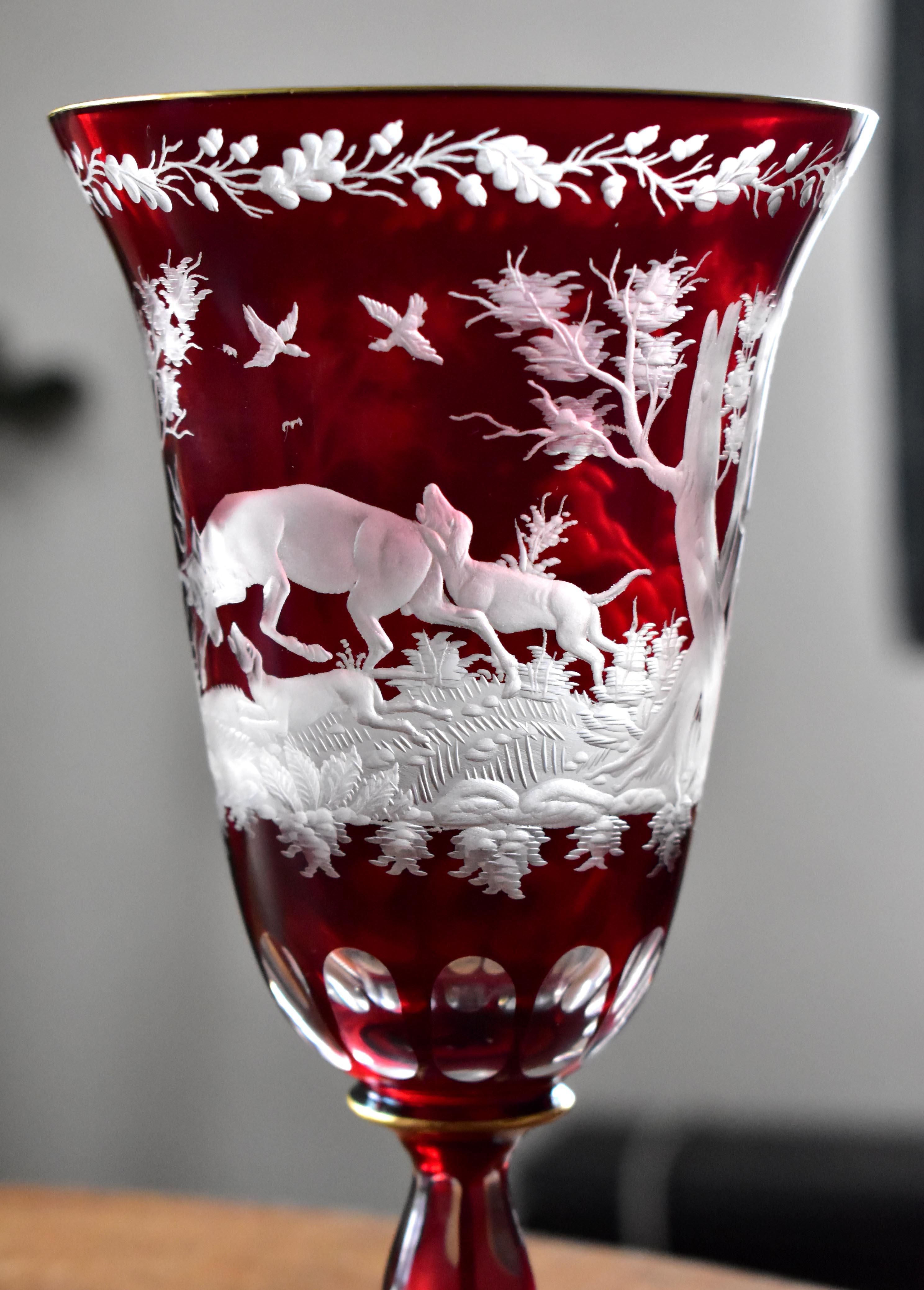 Ruby Goblet with Plate Engraved Hunting Motif Bohemian Glass For Sale 2