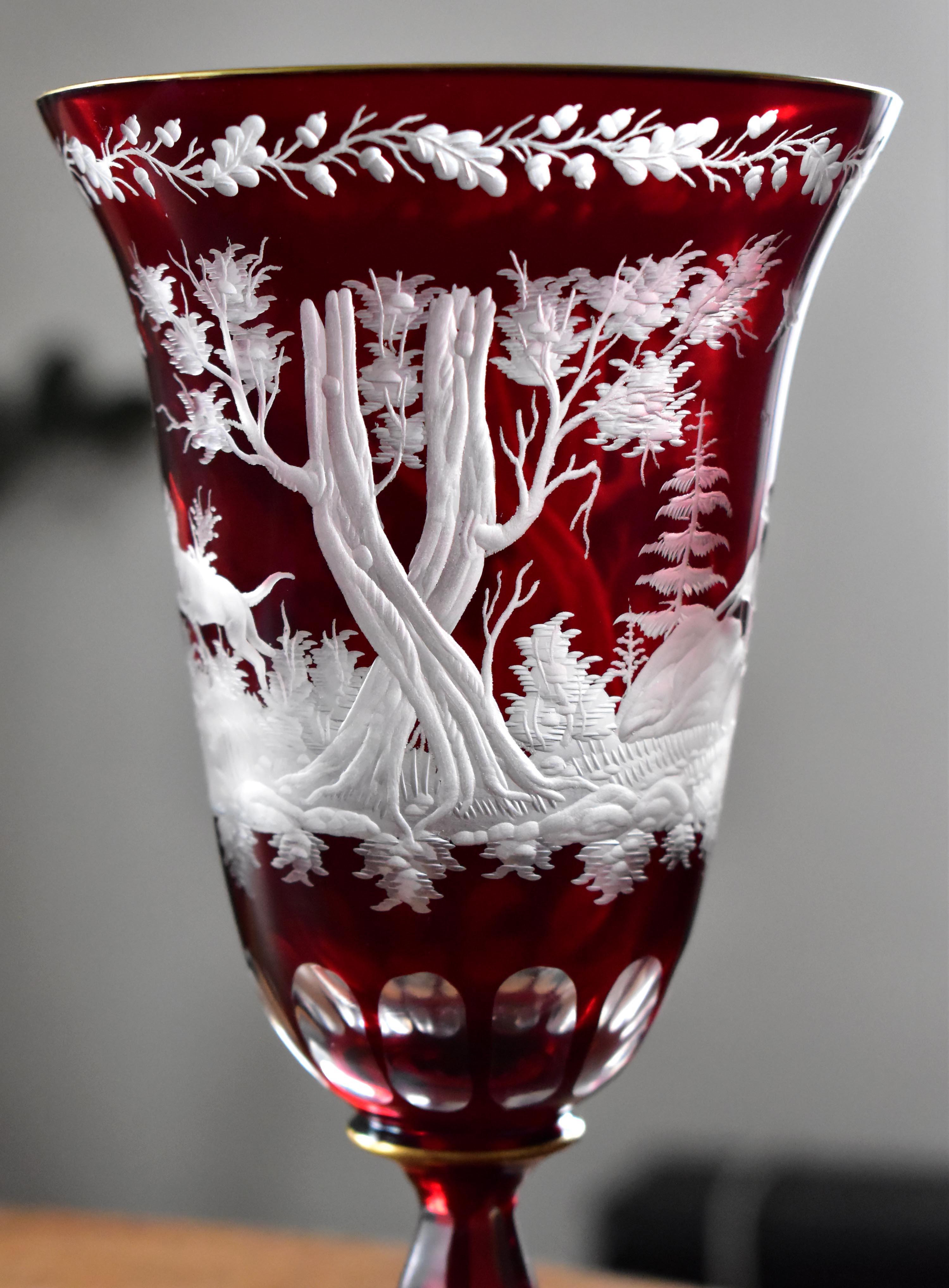 Ruby Goblet with Plate Engraved Hunting Motif Bohemian Glass For Sale 3