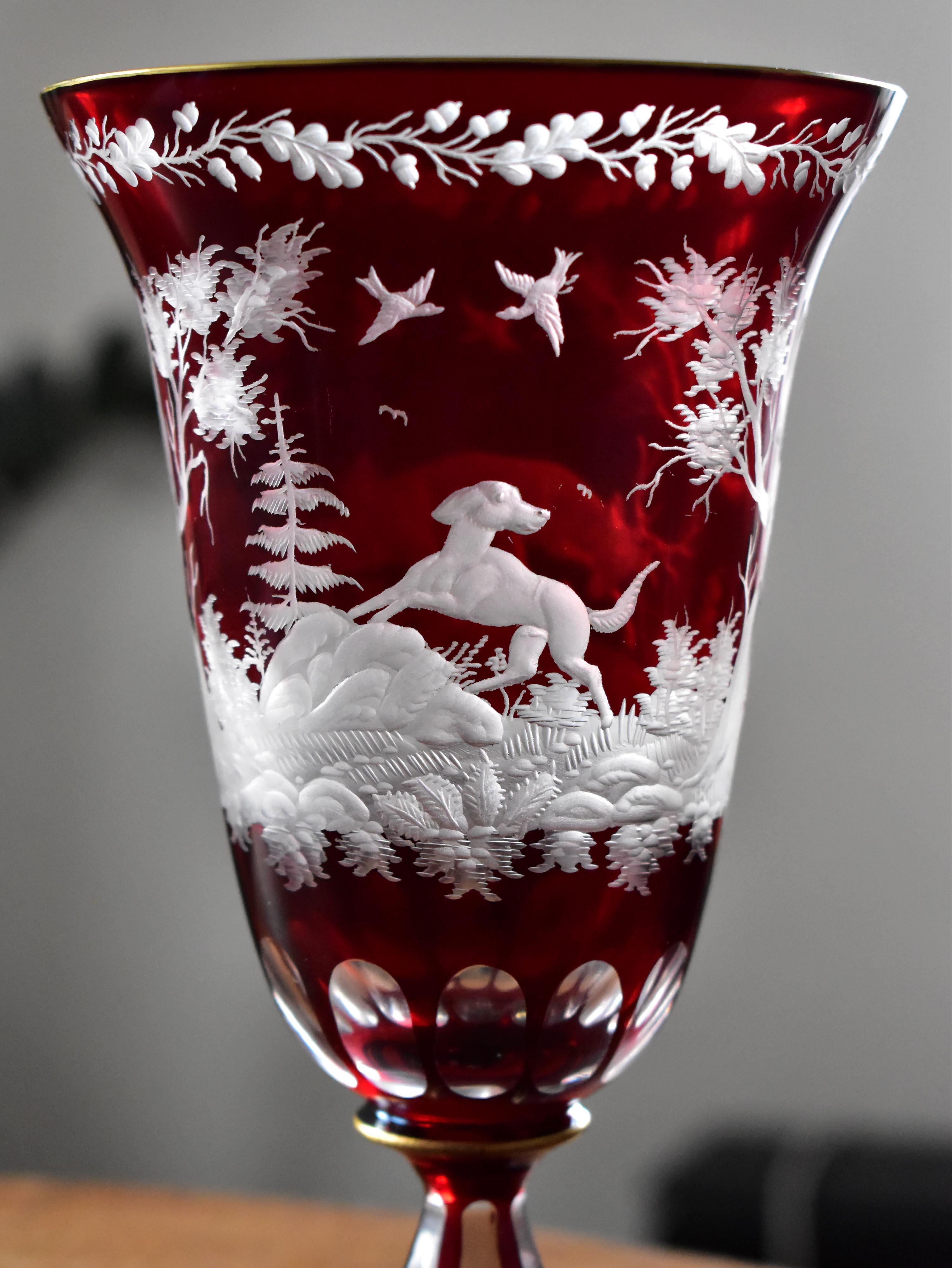 Ruby Goblet with Plate Engraved Hunting Motif Bohemian Glass For Sale 4