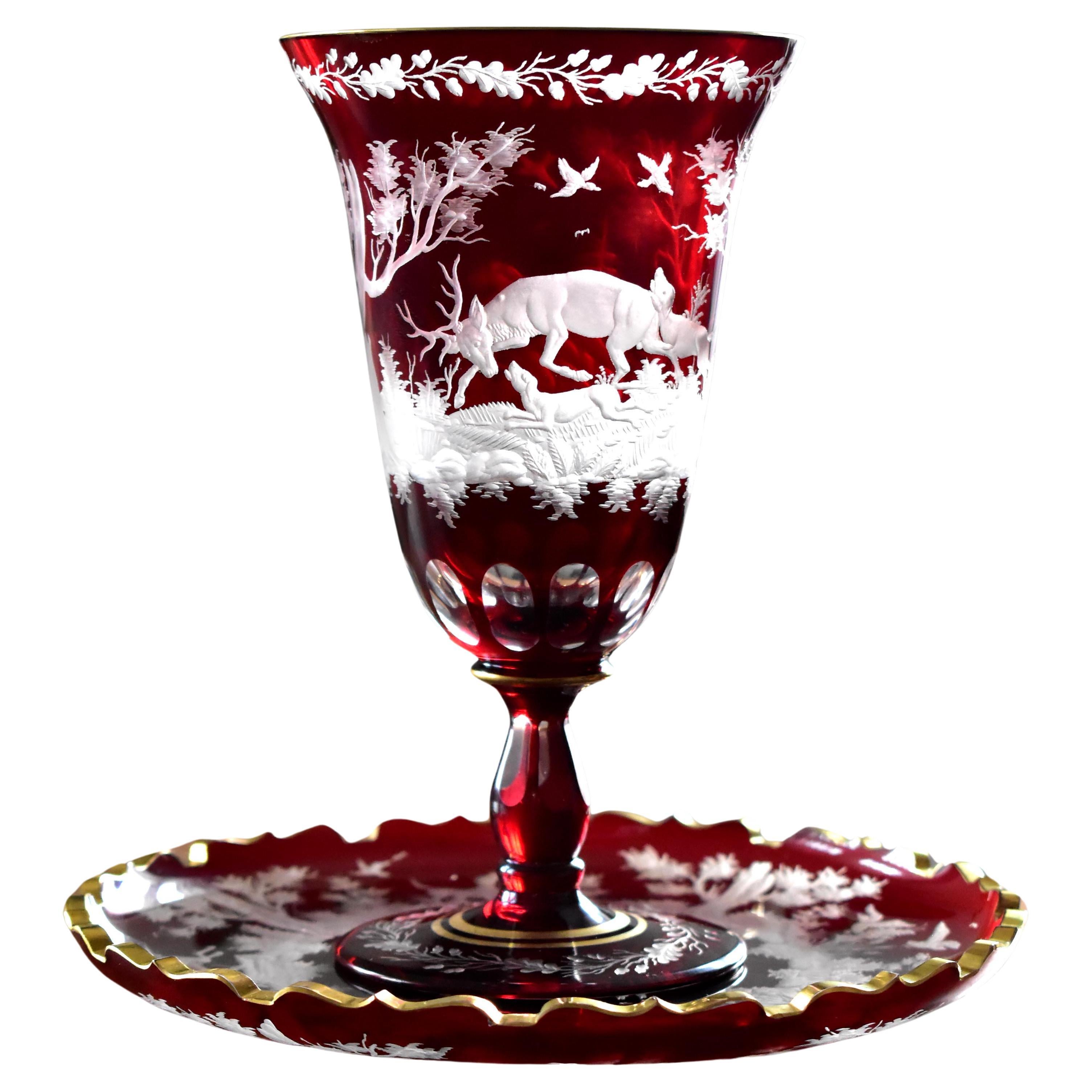 Ruby Goblet with Plate Engraved Hunting Motif Bohemian Glass For Sale