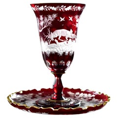 Ruby Goblet with Plate Engraved Hunting Motif Bohemian Glass