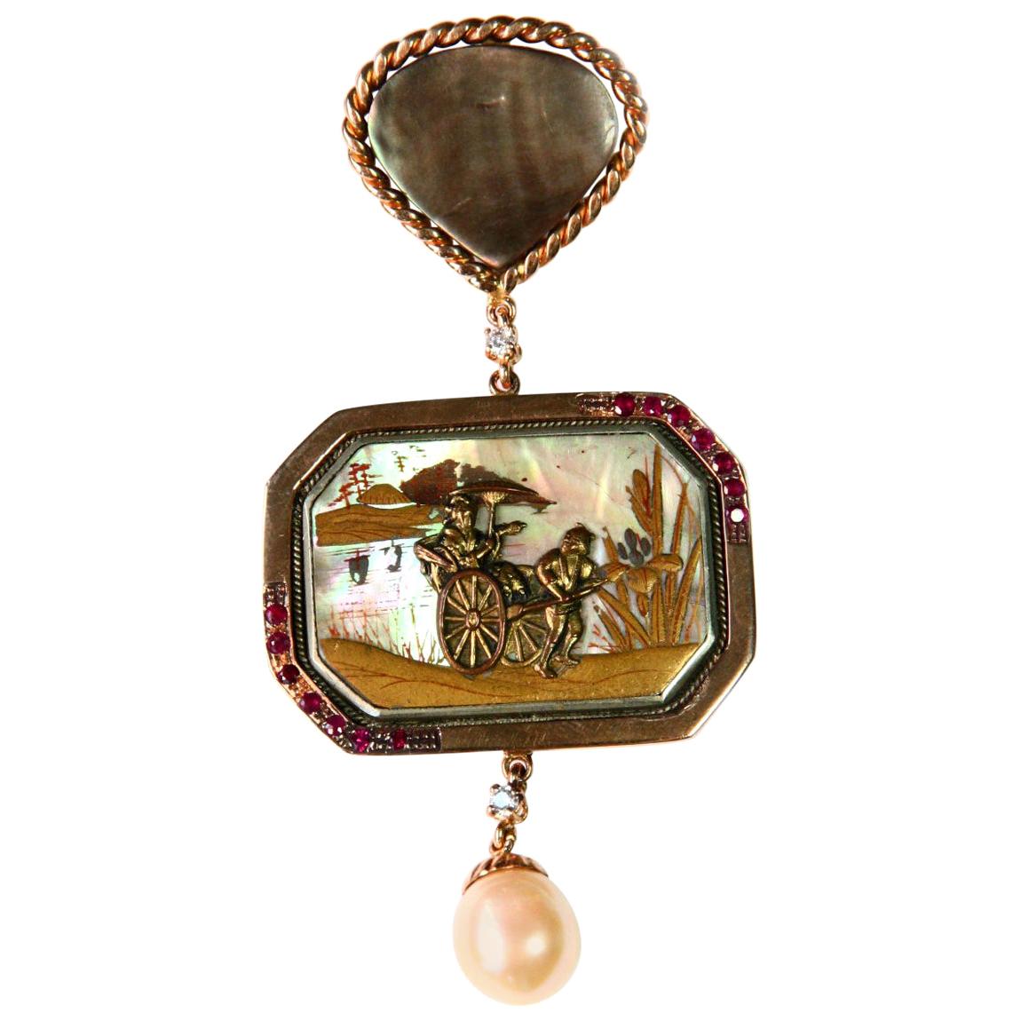Ruby Gold Antiques Japanies Miniature Pearl Diamonds For Sale