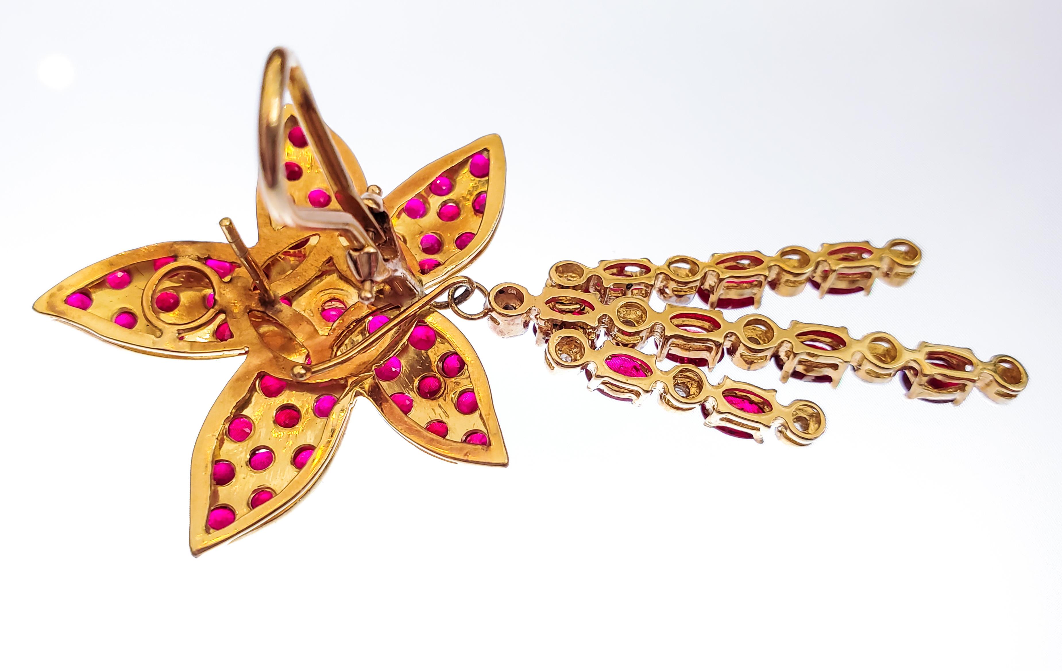 Ruby Gold Flower Dangle Earrings For Sale 1