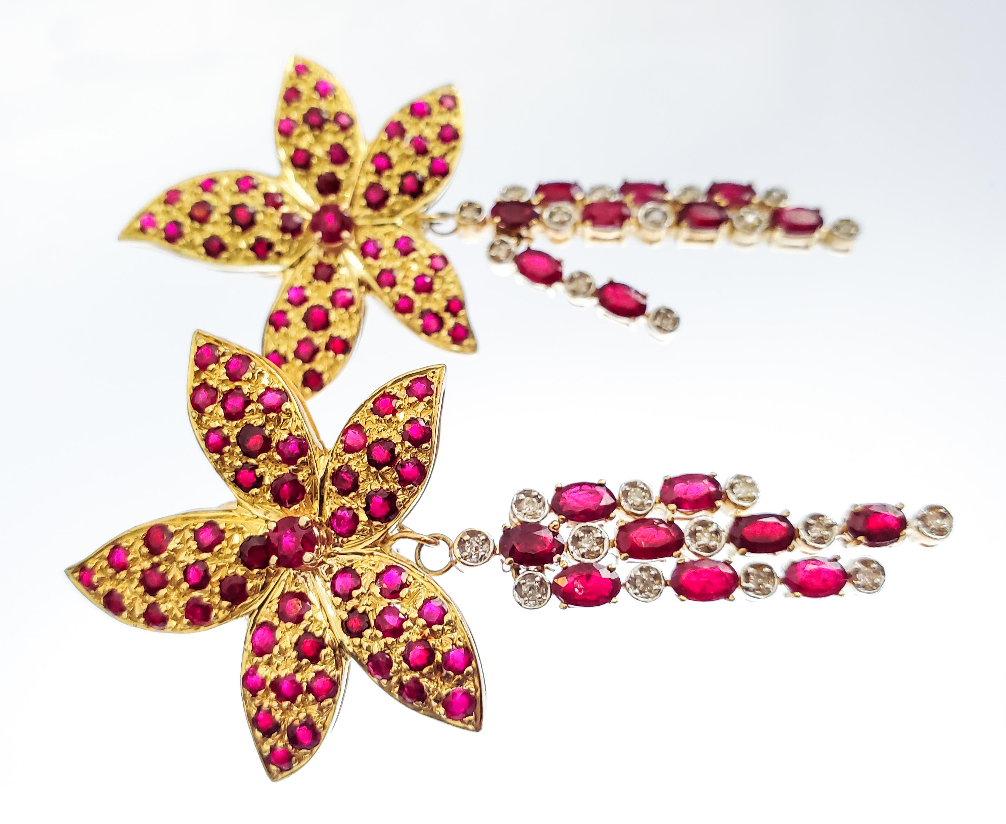 Ruby Gold Flower Dangle Earrings For Sale 2