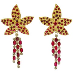 Ruby Gold Flower Dangle Earrings