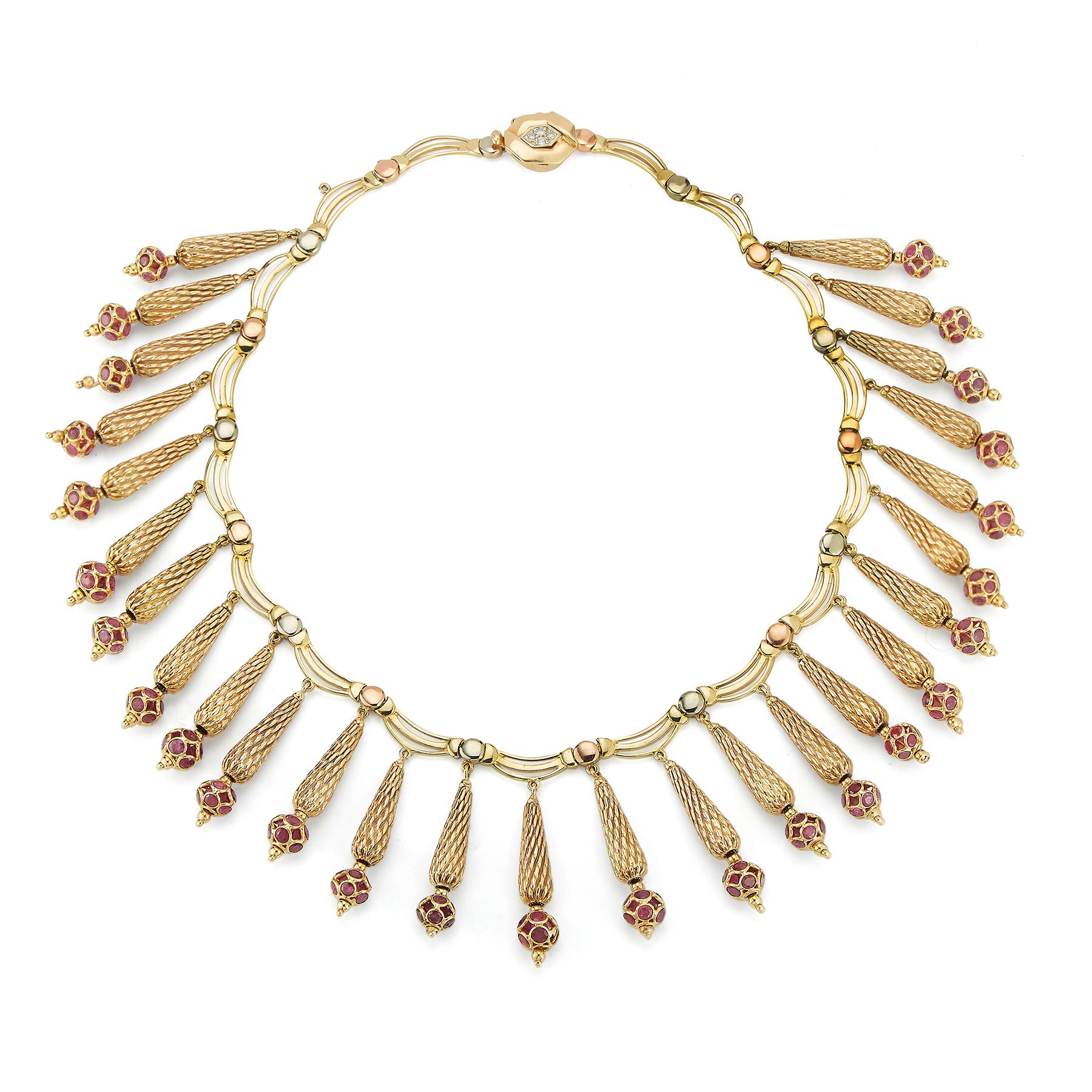 Ruby & Gold Fringe Necklace, 27 hammered gold fringes attaching ruby round cut rubies set in 14k yellow gold

Measurements: 13.5