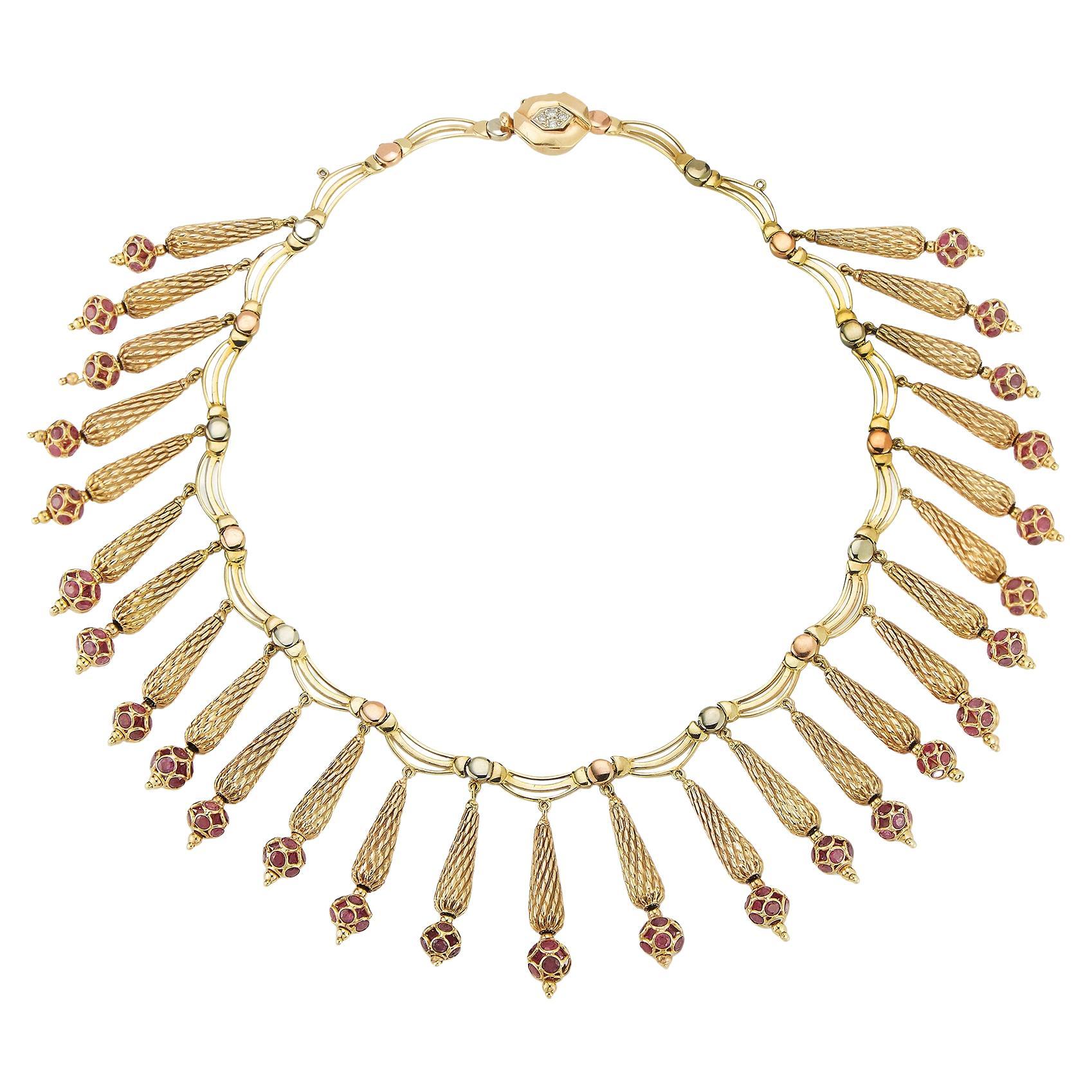 Ruby & Gold Fringe Necklace For Sale