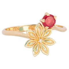  Ruby gold ring. 14 Karat Gold Star Anise Flower Ring. July birthstone ruby ring