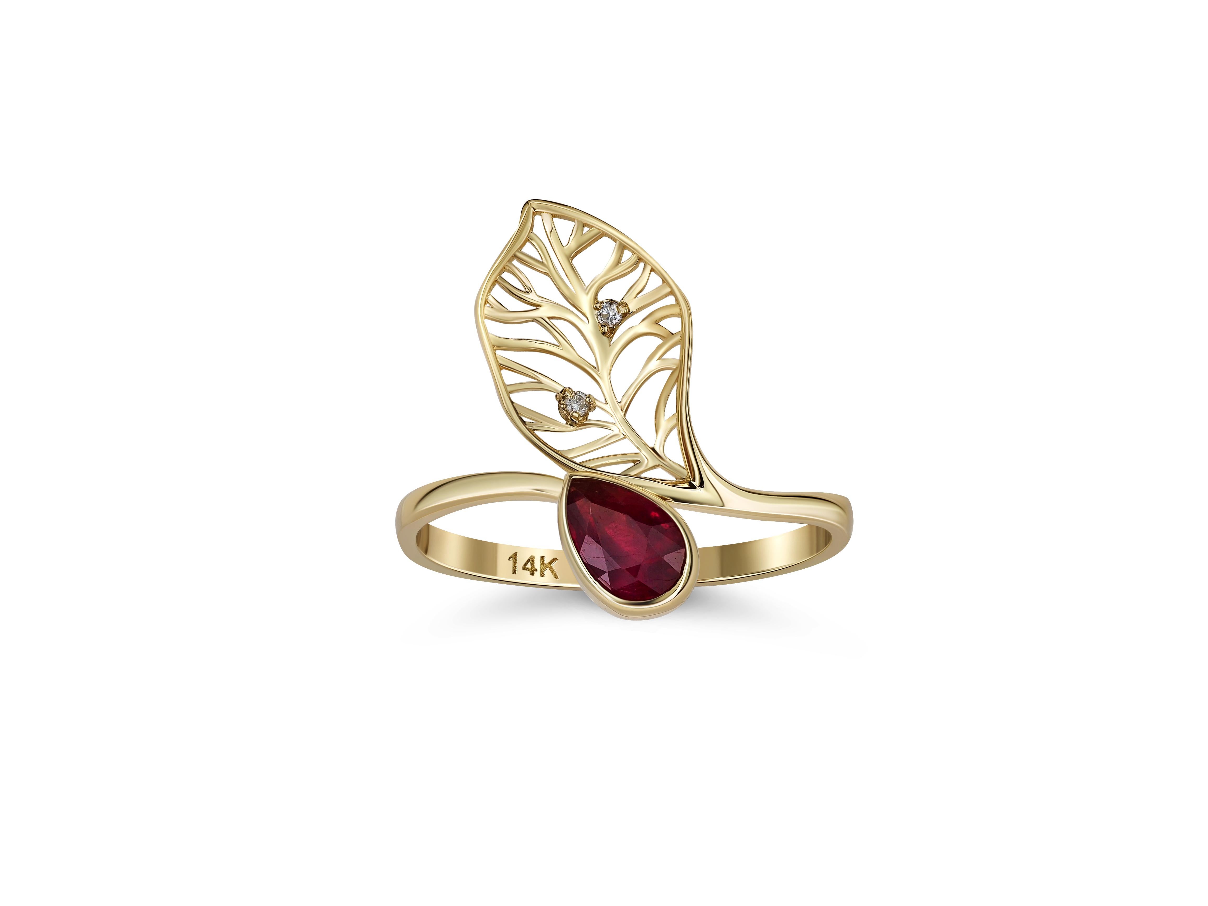 Ruby gold ring. 
14k gold ring with ruby. Pear ruby ring. Gold Flower ring. Leaf ring. Dainty ring. Red Gemstone ring. Genuine ruby ring.

Metal: 14k gold
Weight: 2.00 g. depends from size.

Set with ruby, color - red
Pear cut, 0.70 ct. in total,
