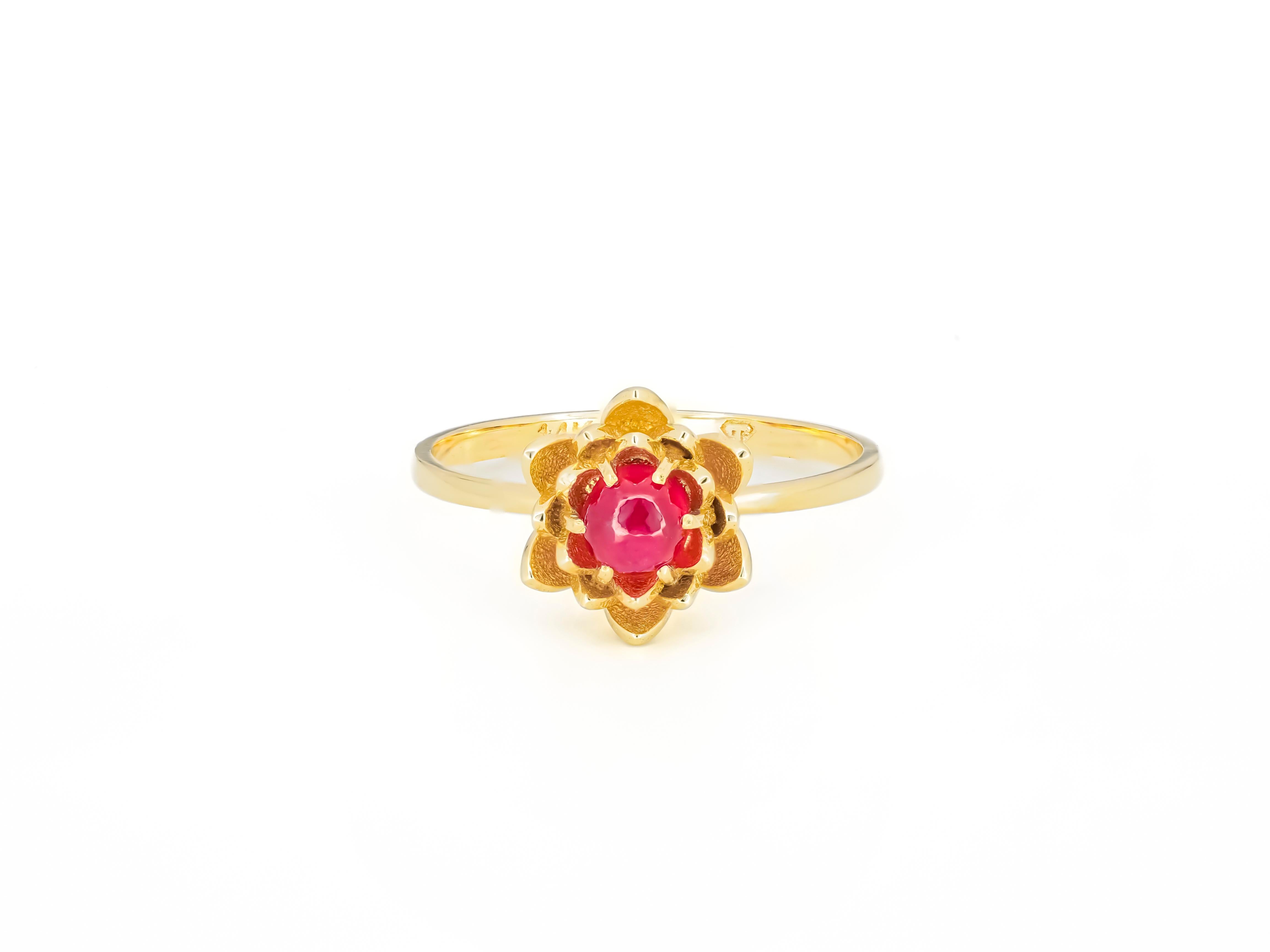 Ruby gold ring in 14k gold. 
Lotus flower ring. Ruby cabochon ring. Round ruby ring. July birthstone ring. Gold flower ring with ruby.

Metal: 14k solid gold
weigh: 2.2 gr (depends from size)

Central stone: Ruby
Weight: 0.5 ct. (4.5 mm)
Pinkish red