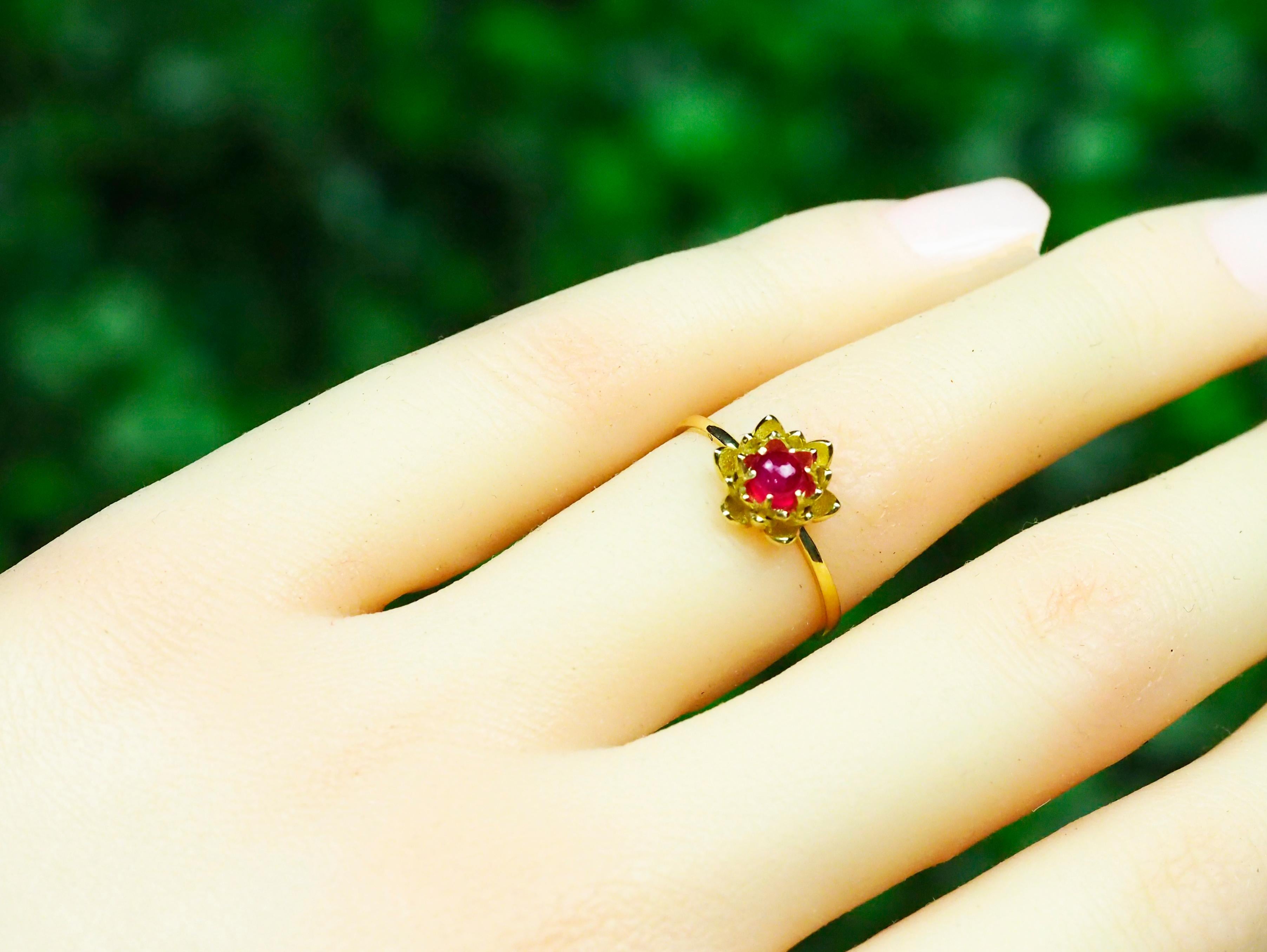 For Sale:  Ruby gold ring in 14k gold. Lotus flower ring. Ruby cabochon ring.   2