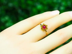 Ruby gold ring in 14k gold. Lotus flower ring. Ruby cabochon ring.