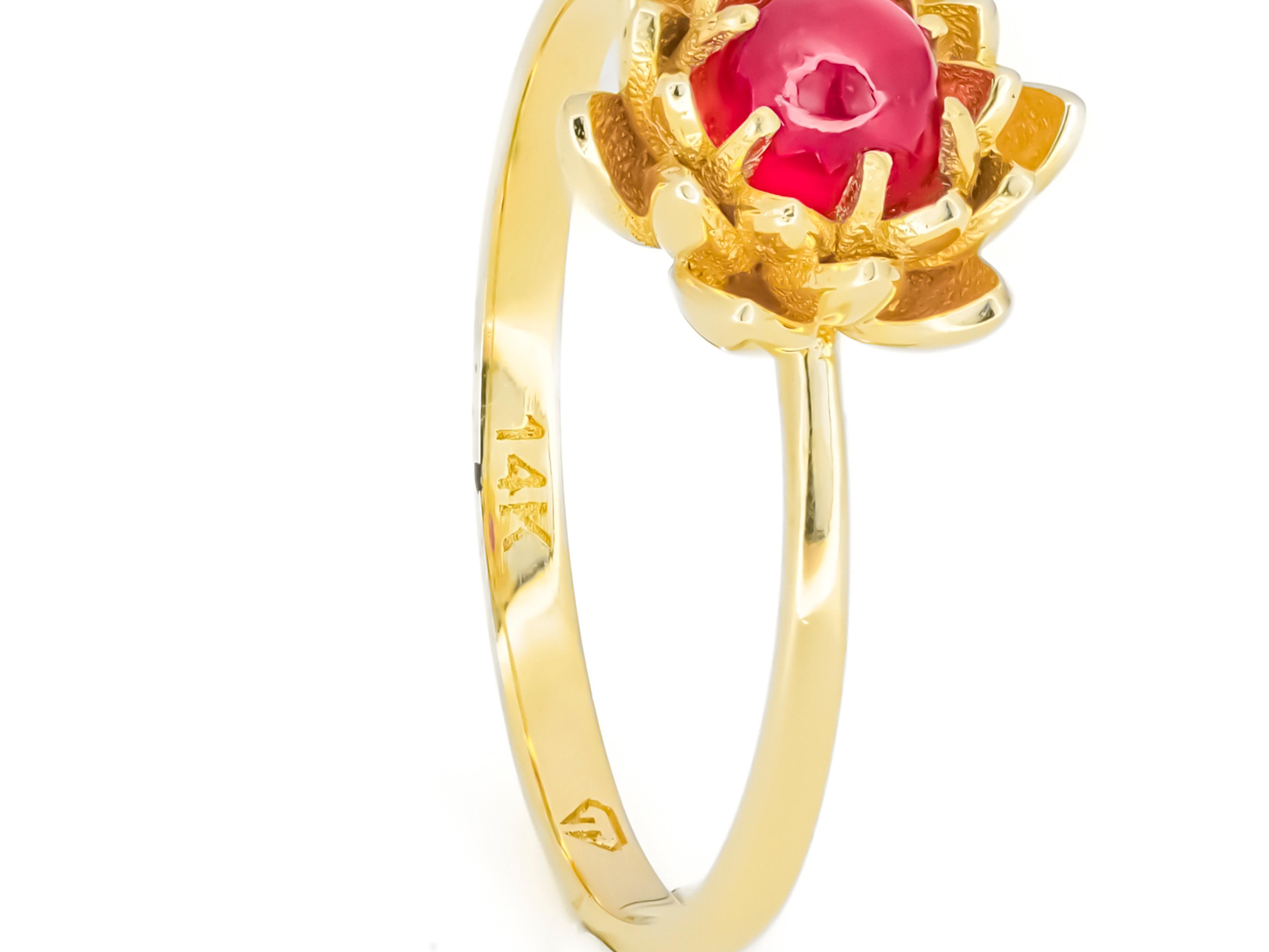 Ruby Gold Ring in 14k Gold, Lotus Flower Ring, Ruby Cabochon Ring In New Condition In Istanbul, TR