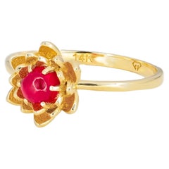 Ruby gold ring in 14k gold. Lotus flower ring. Ruby cabochon ring.  